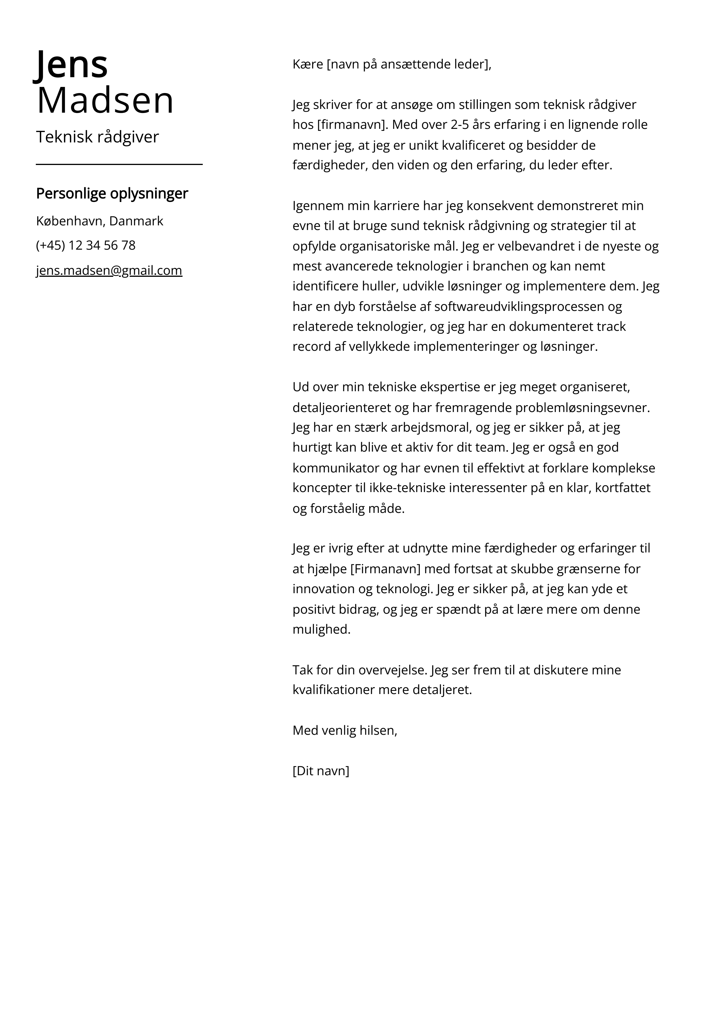 Teknisk rådgiver Cover Letter Example