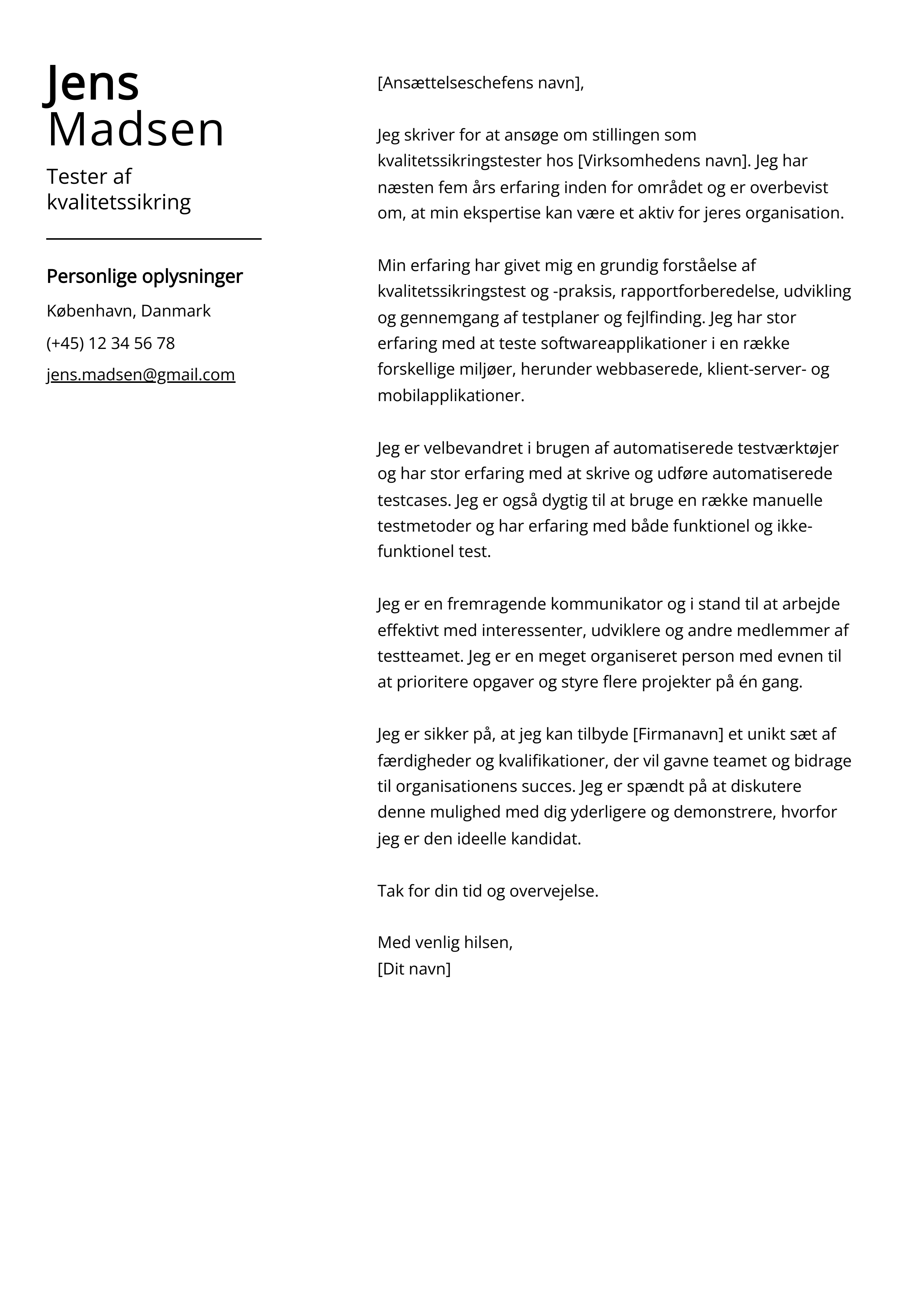 Tester af kvalitetssikring Cover Letter Example