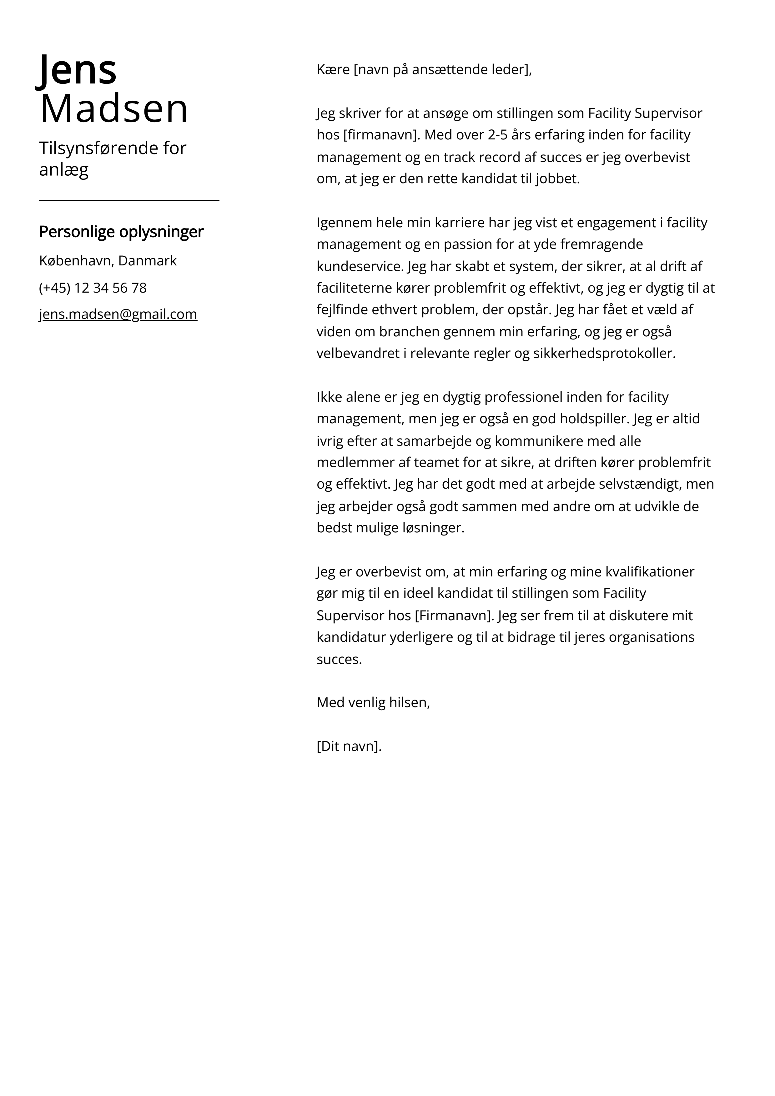 Tilsynsførende for anlæg Cover Letter Example