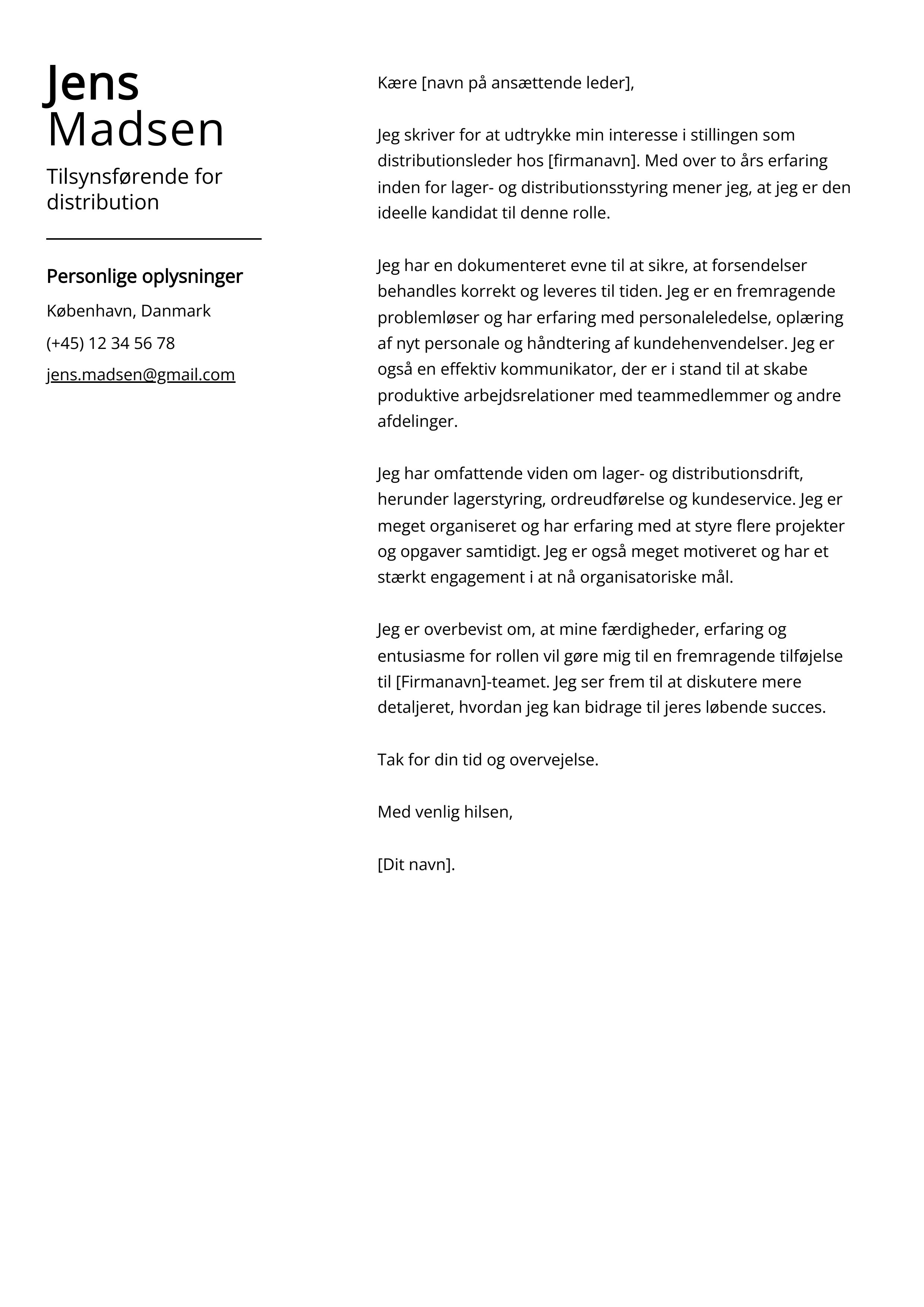 Tilsynsførende for distribution Cover Letter Example