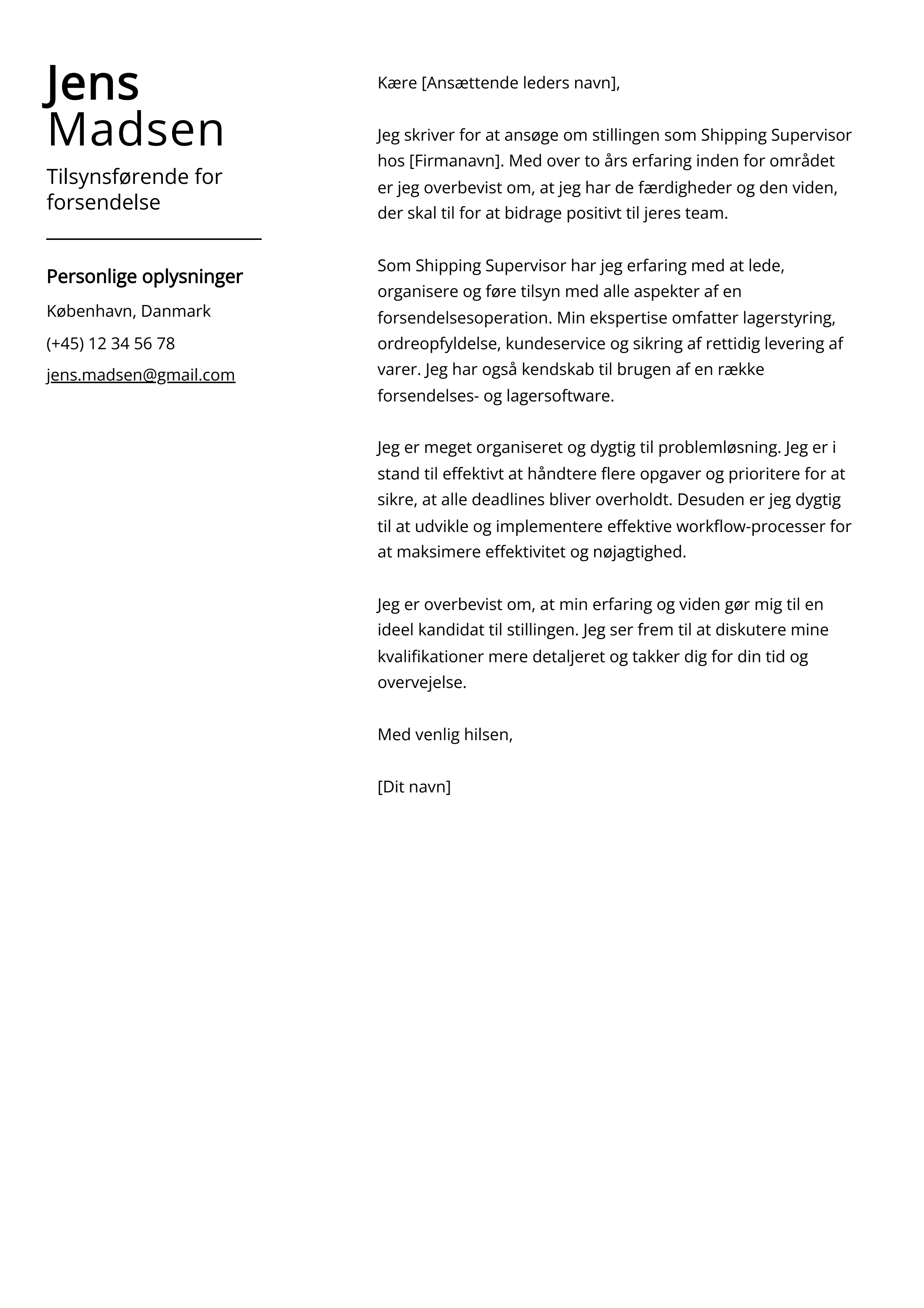 Tilsynsførende for forsendelse Cover Letter Example