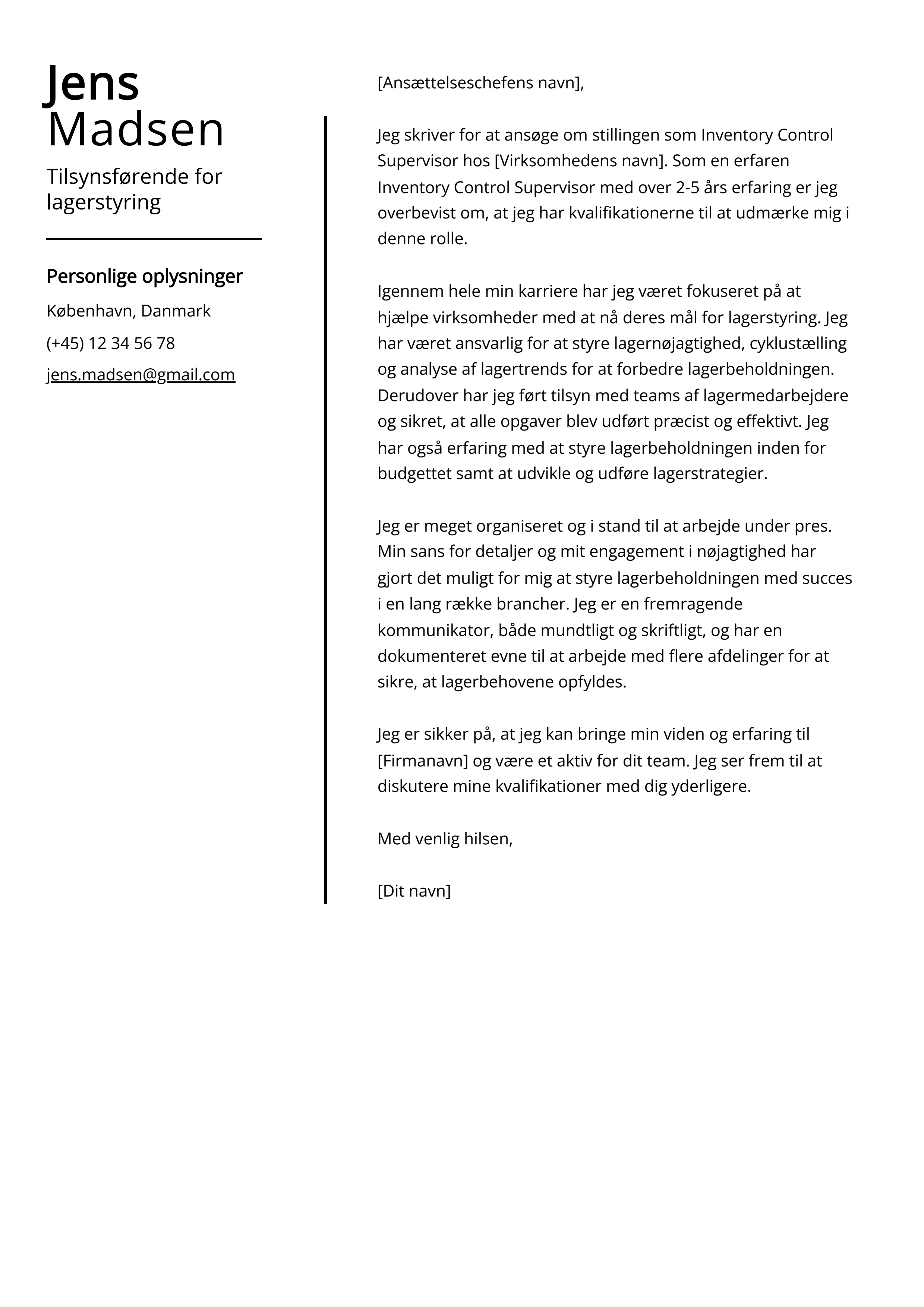 Tilsynsførende for lagerstyring Cover Letter Example