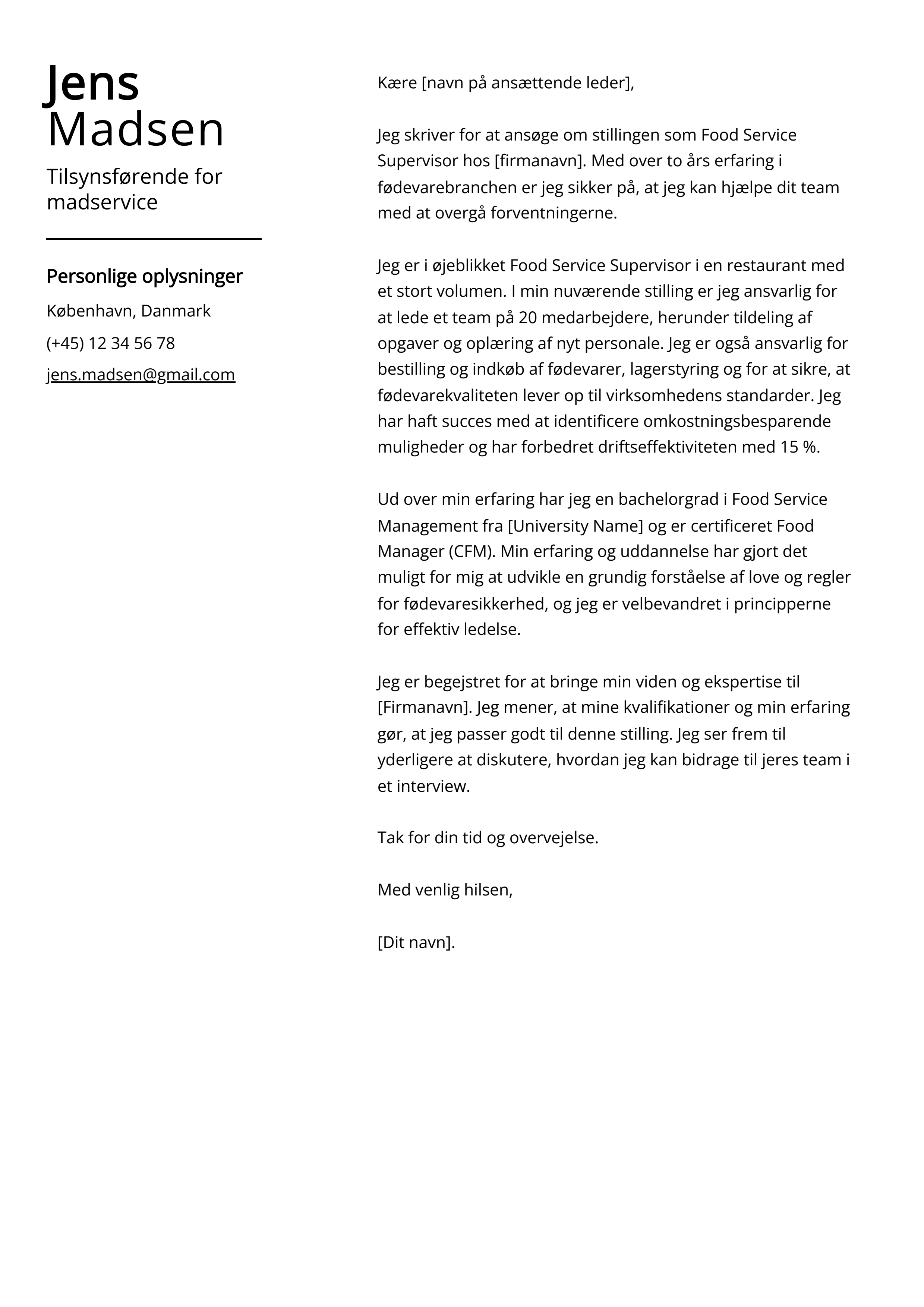 Tilsynsførende for madservice Cover Letter Example