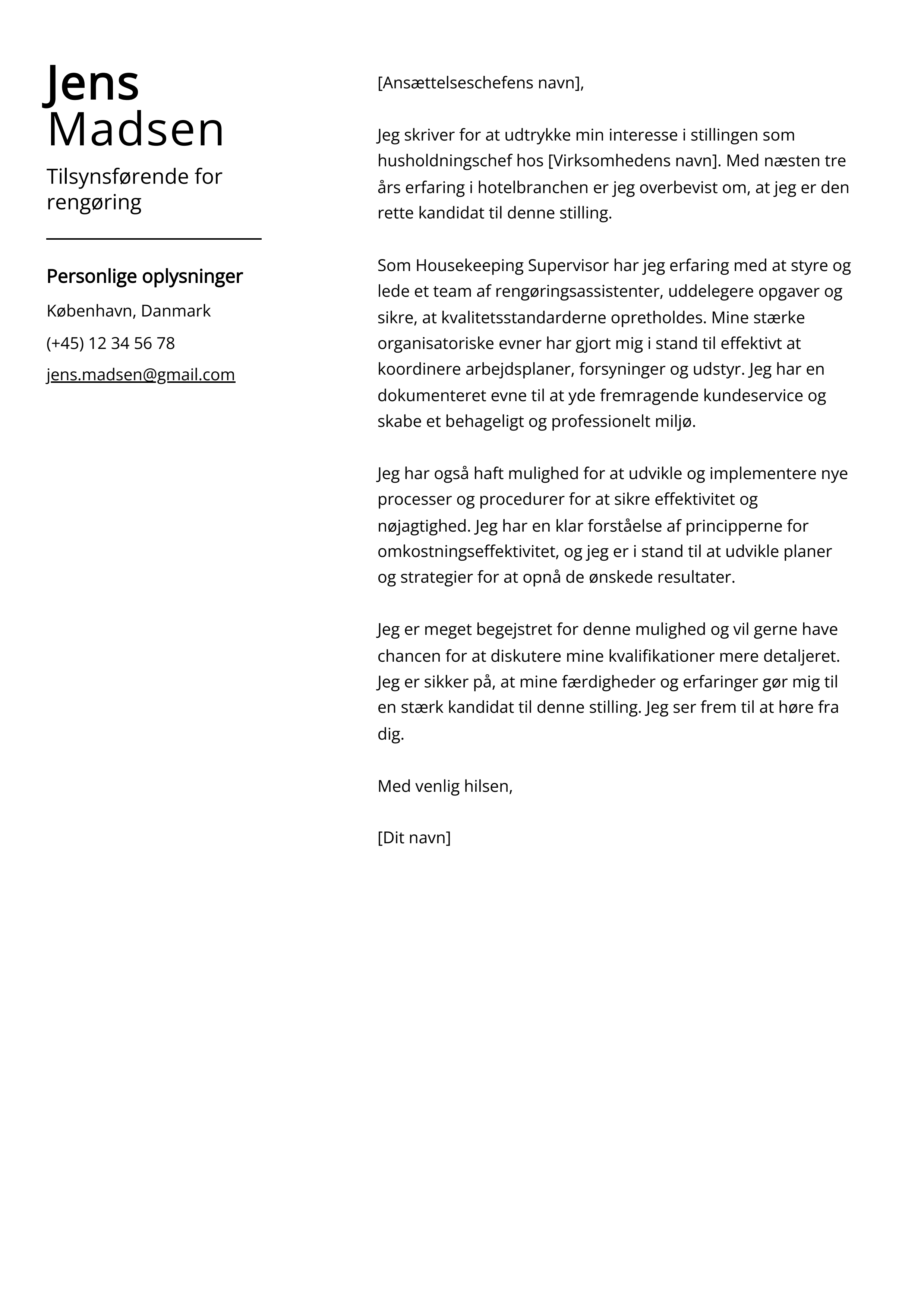 Tilsynsførende for rengøring Cover Letter Example