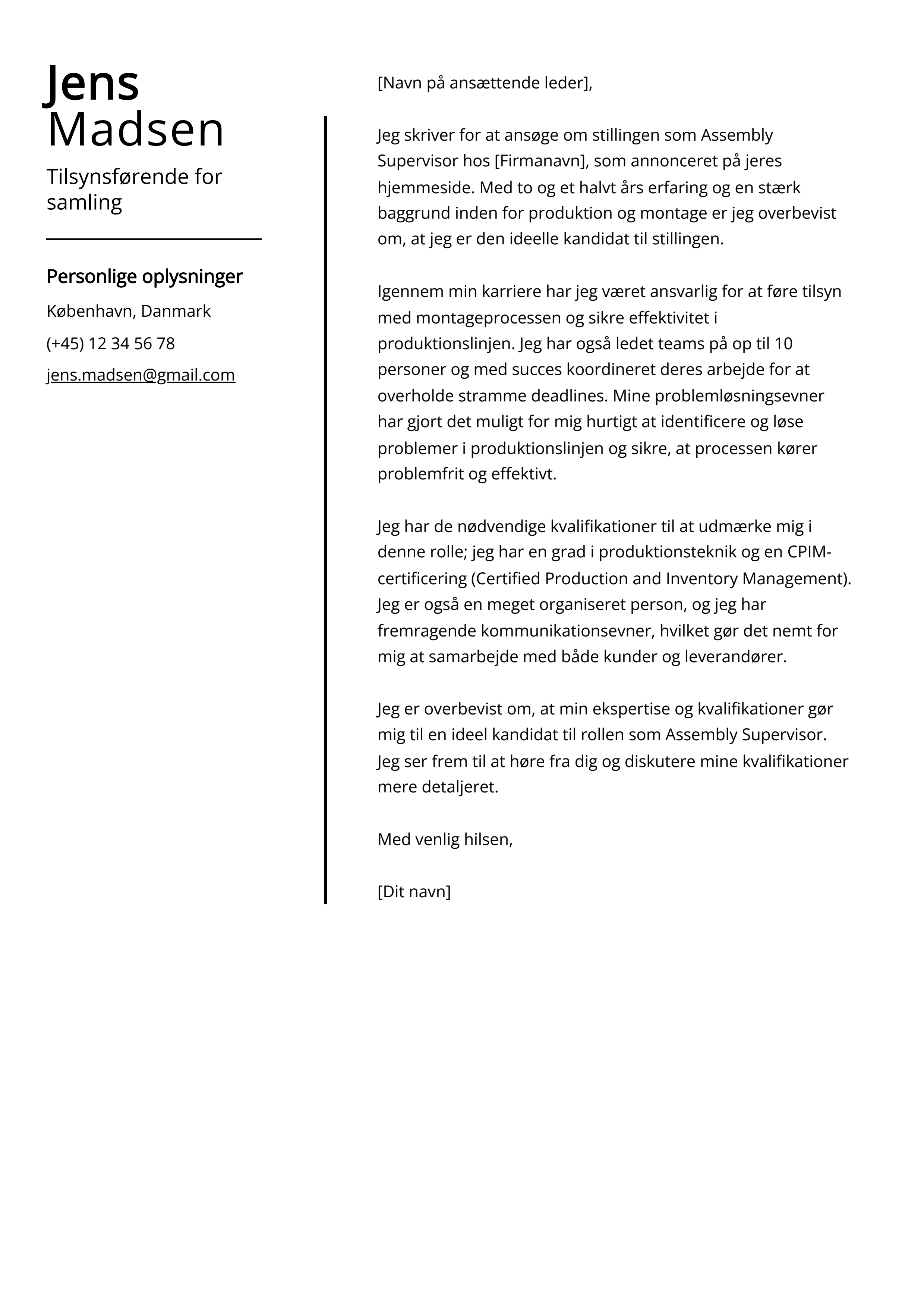 Tilsynsførende for samling Cover Letter Example