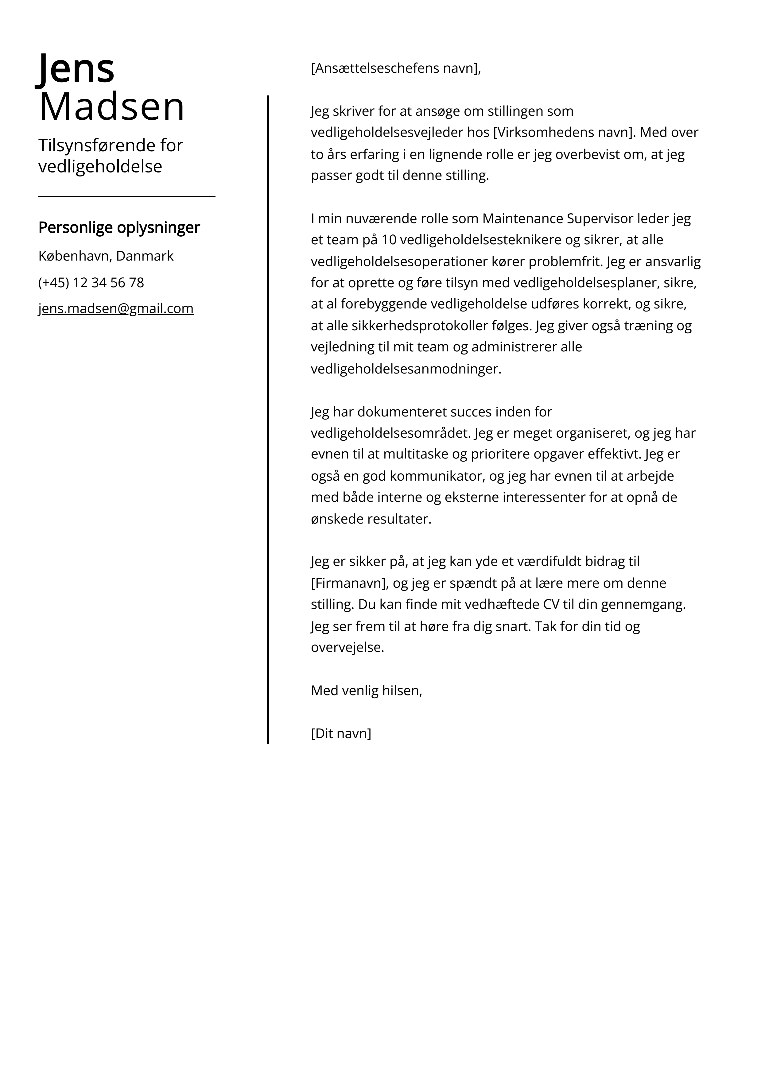 Tilsynsførende for vedligeholdelse Cover Letter Example