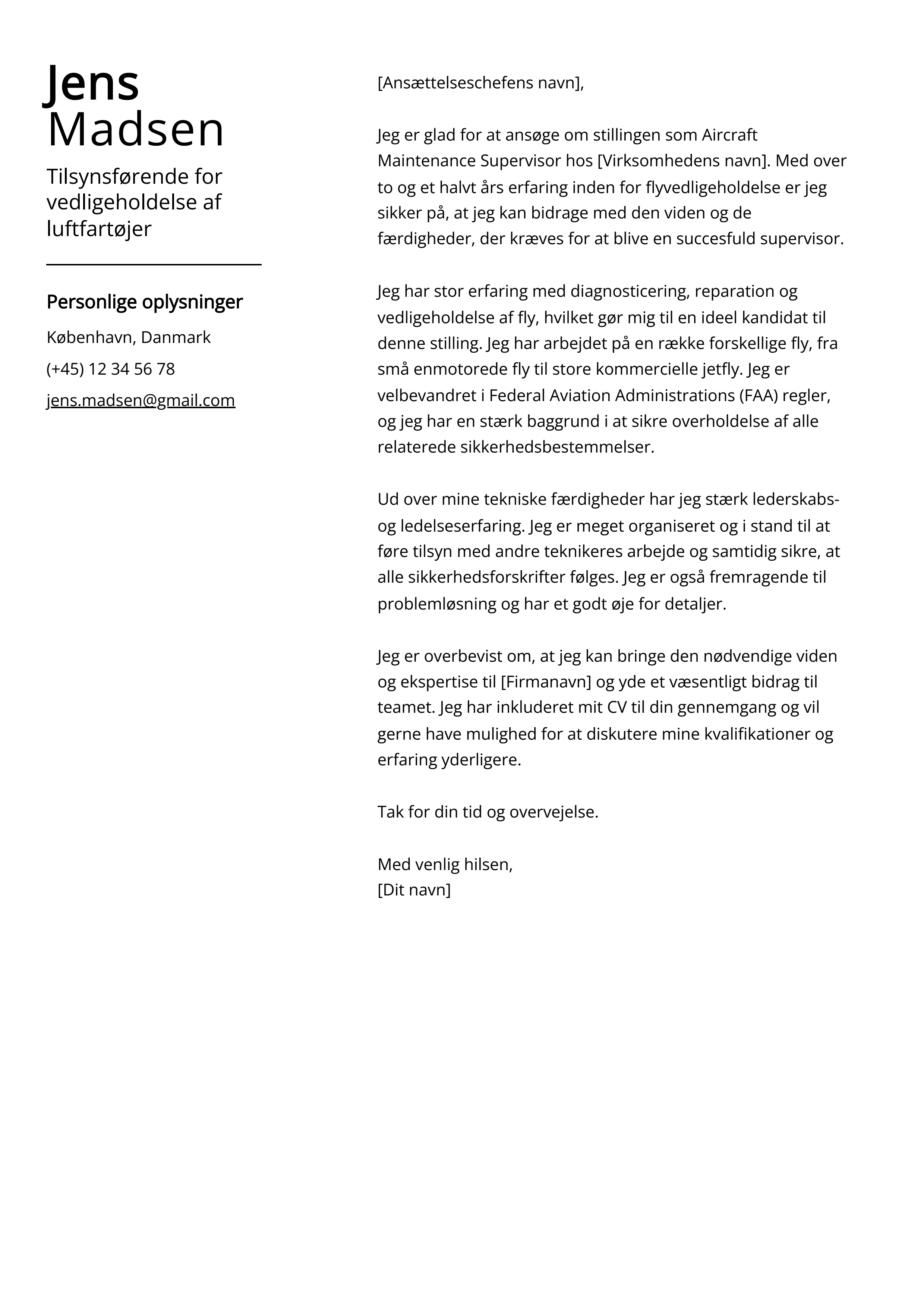 Tilsynsførende for vedligeholdelse af luftfartøjer Cover Letter Example