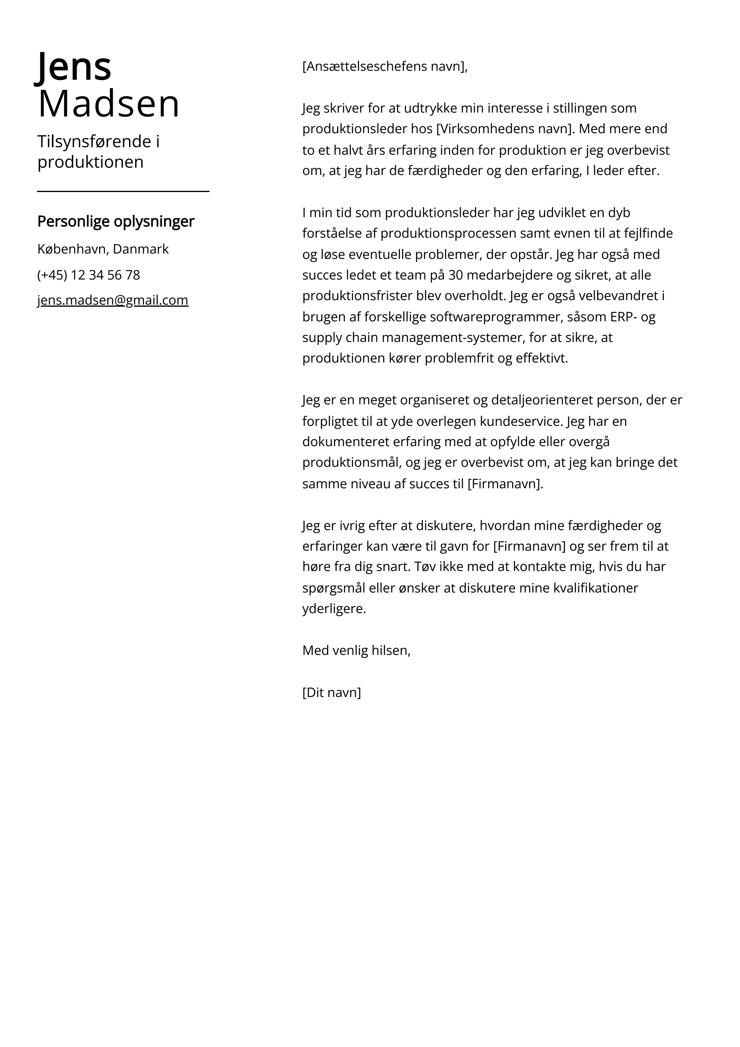 Tilsynsførende i produktionen Cover Letter Example