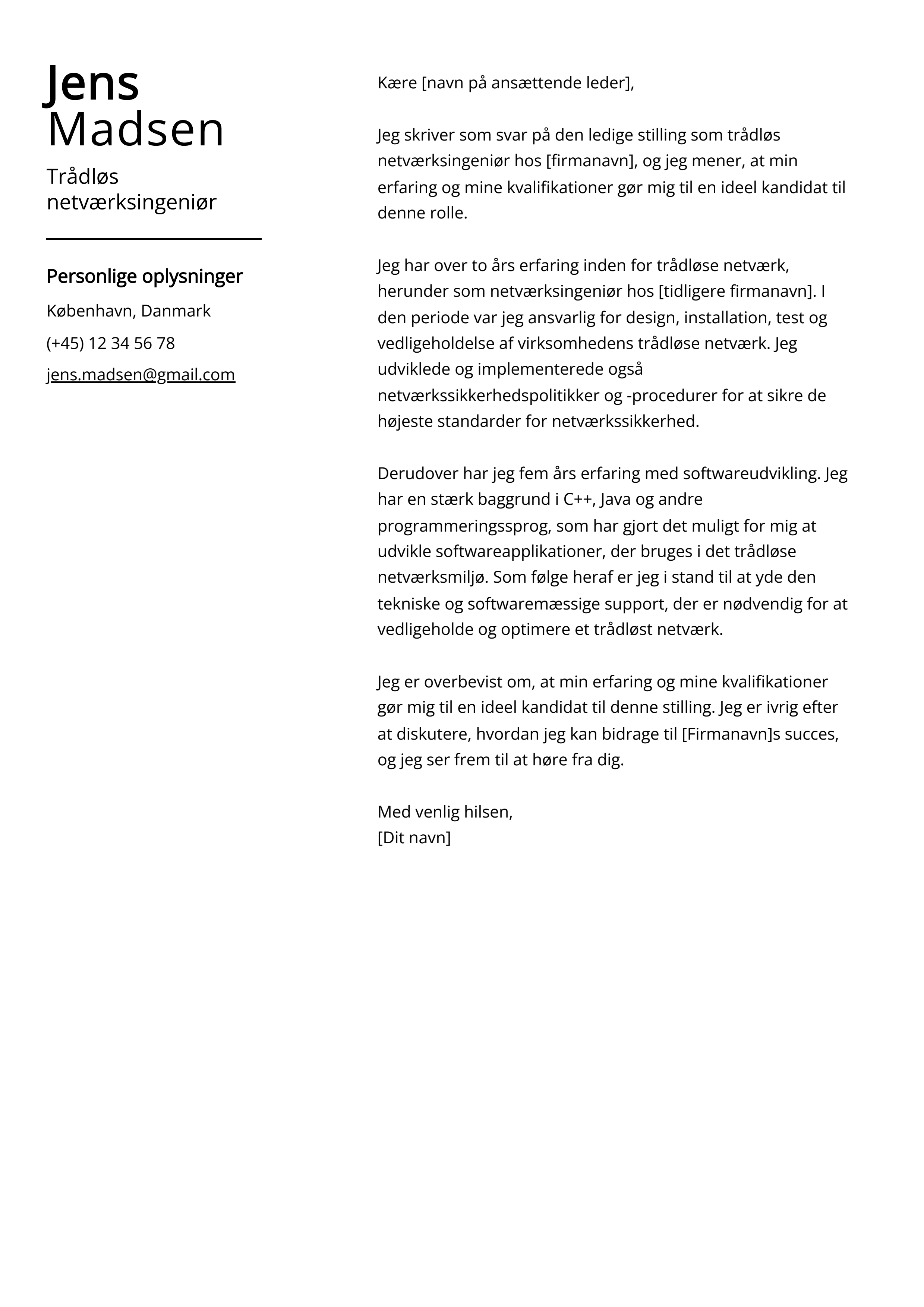 Trådløs netværksingeniør Cover Letter Example