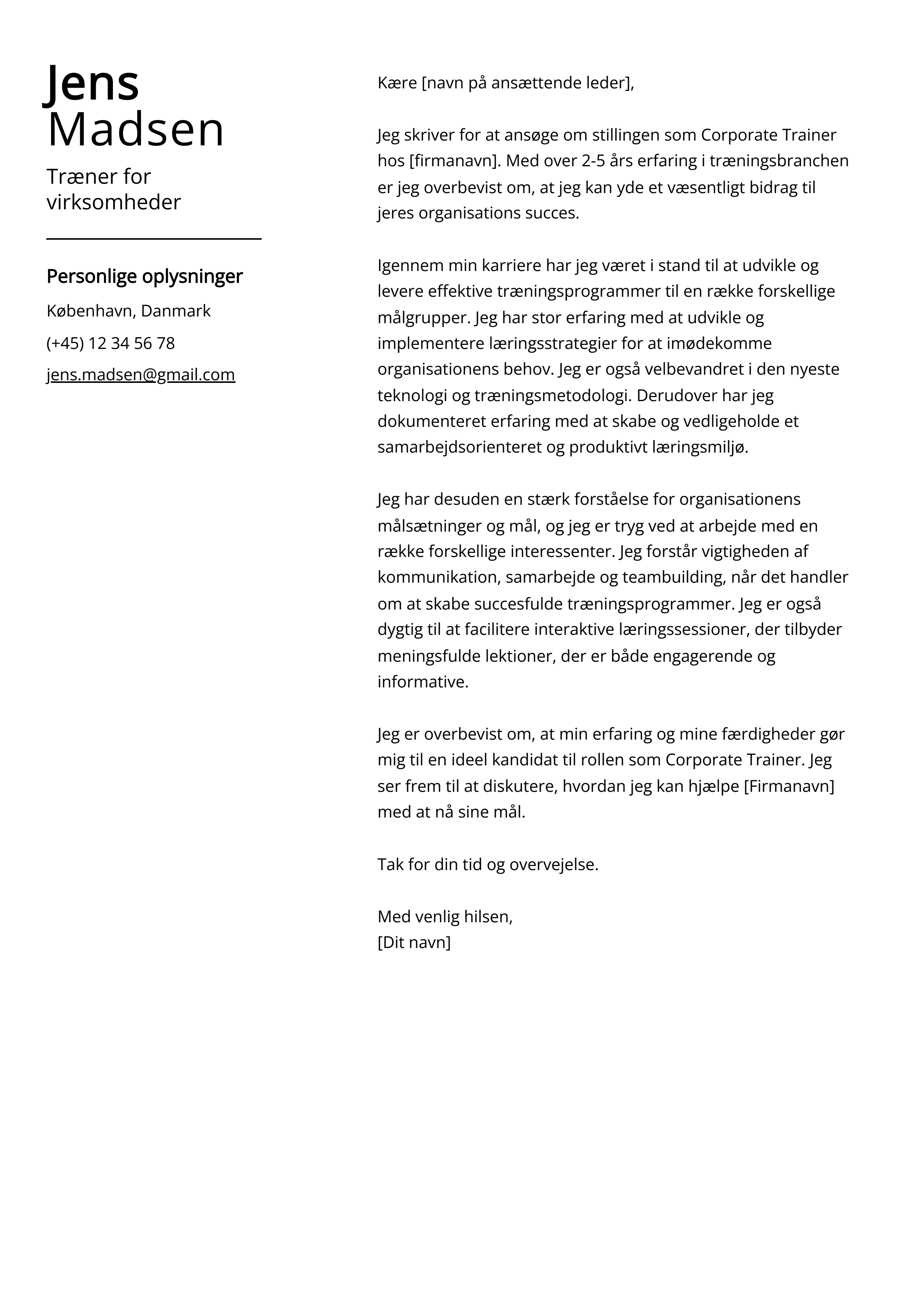 Træner for virksomheder Cover Letter Example