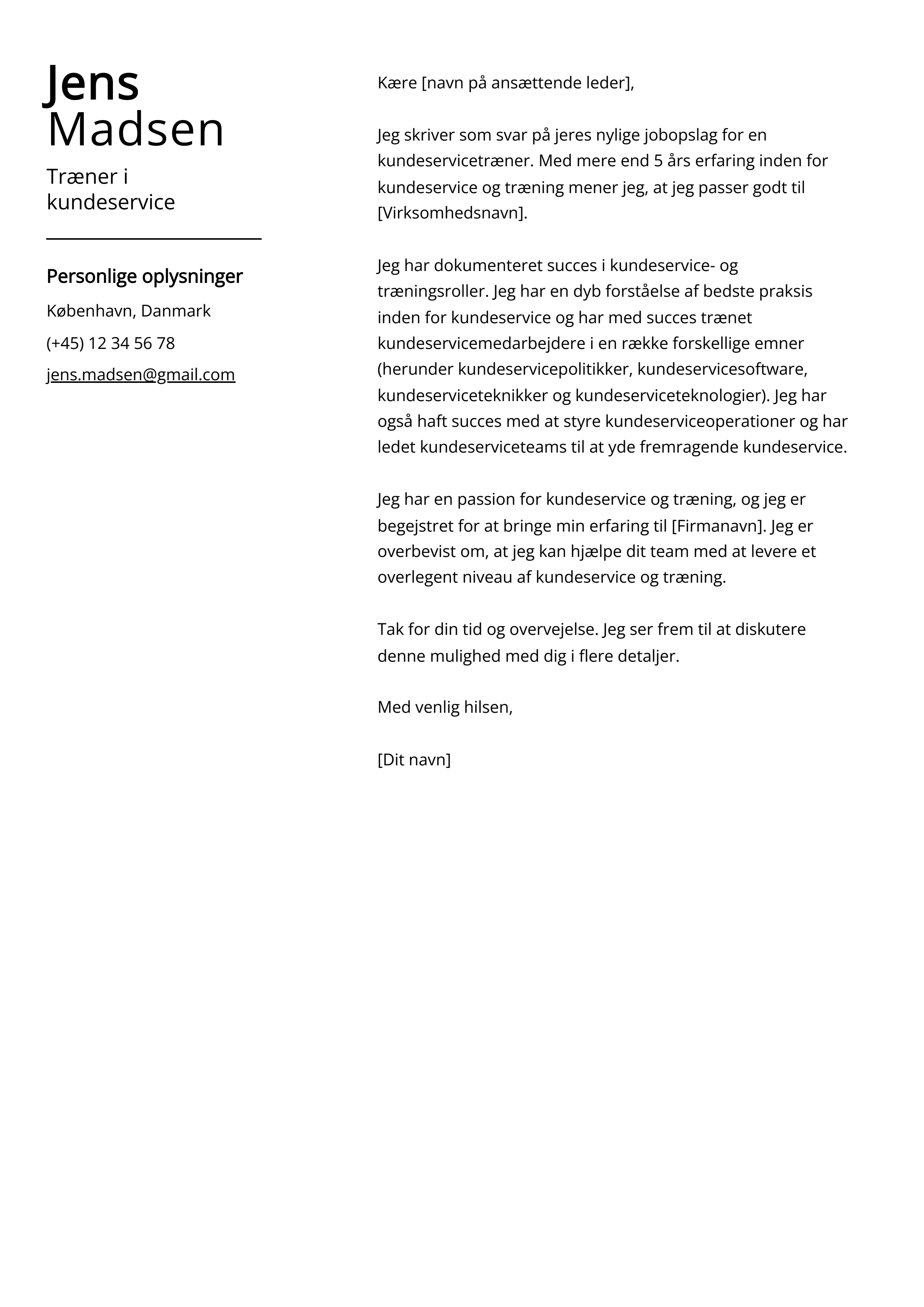 Træner i kundeservice Cover Letter Example