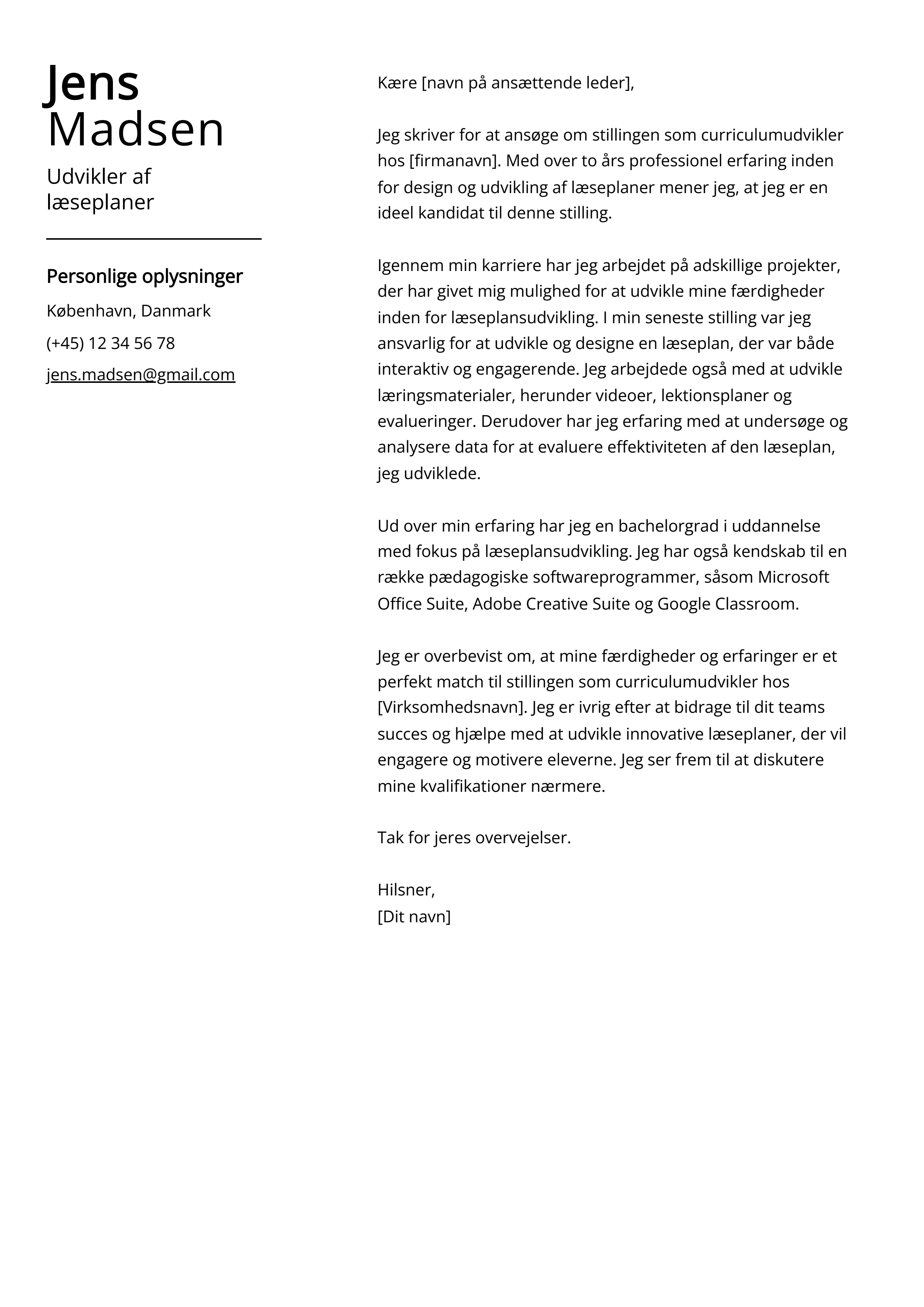 Udvikler af læseplaner Cover Letter Example