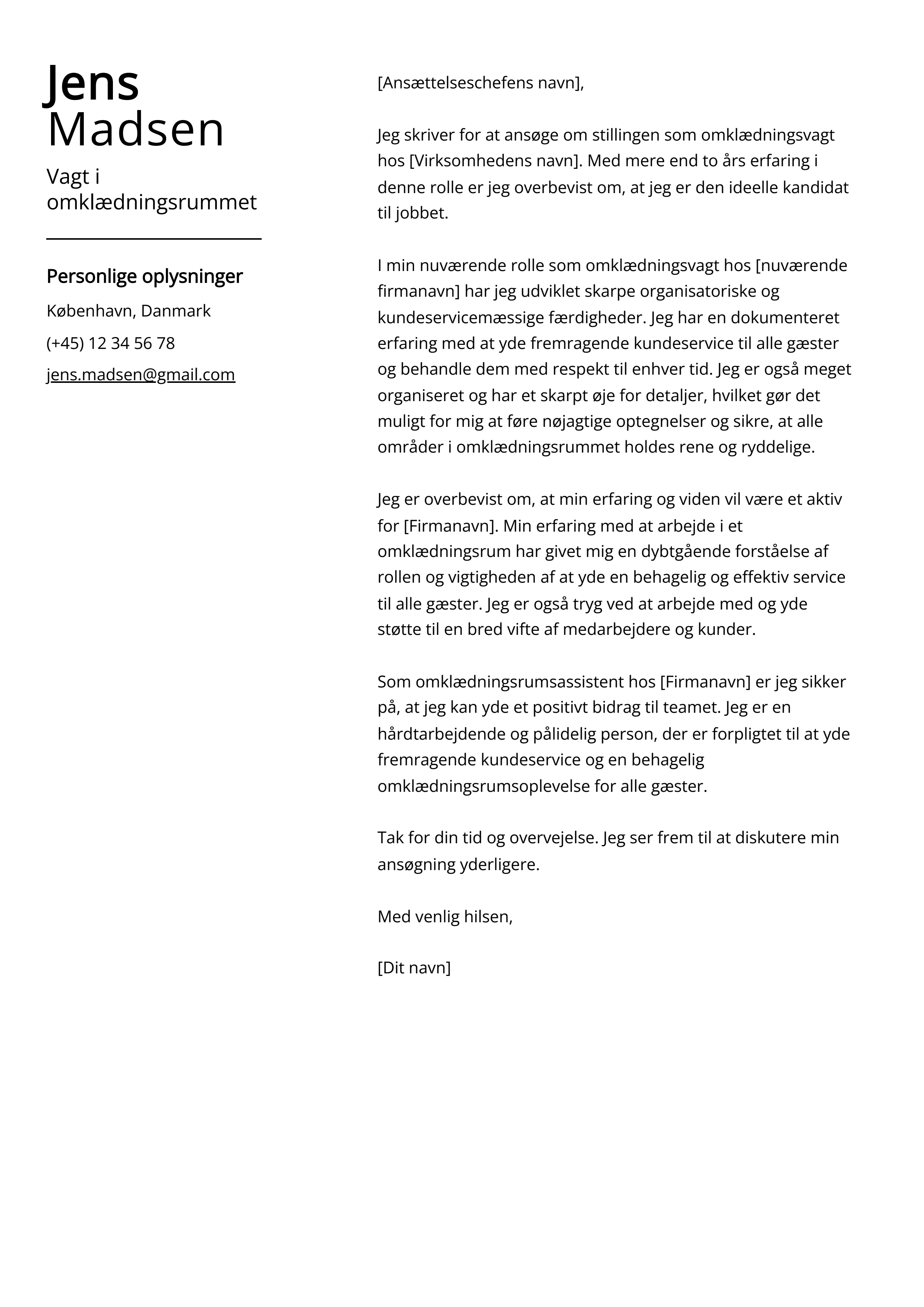 Vagt i omklædningsrummet Cover Letter Example