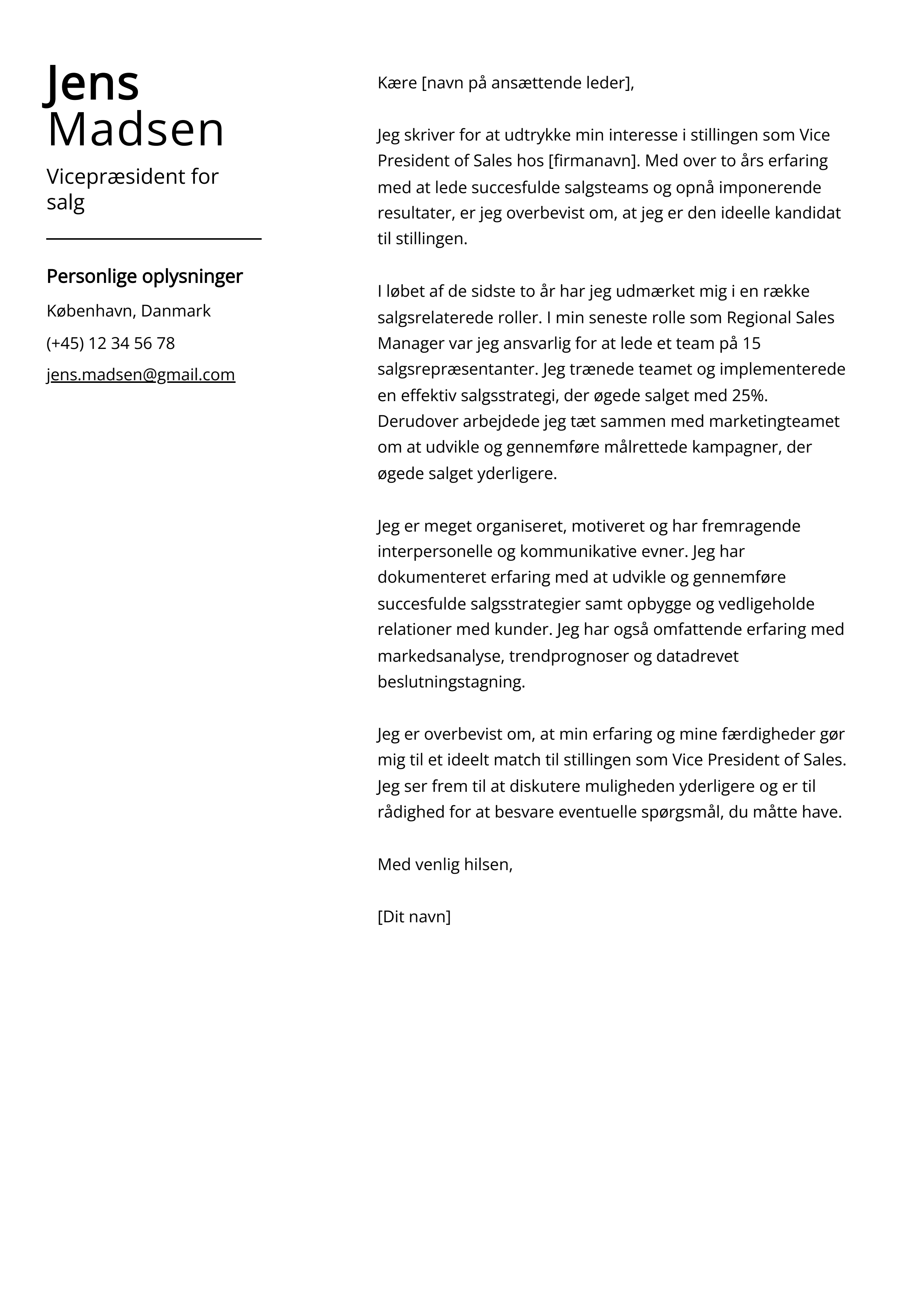 Vicepræsident for salg Cover Letter Example