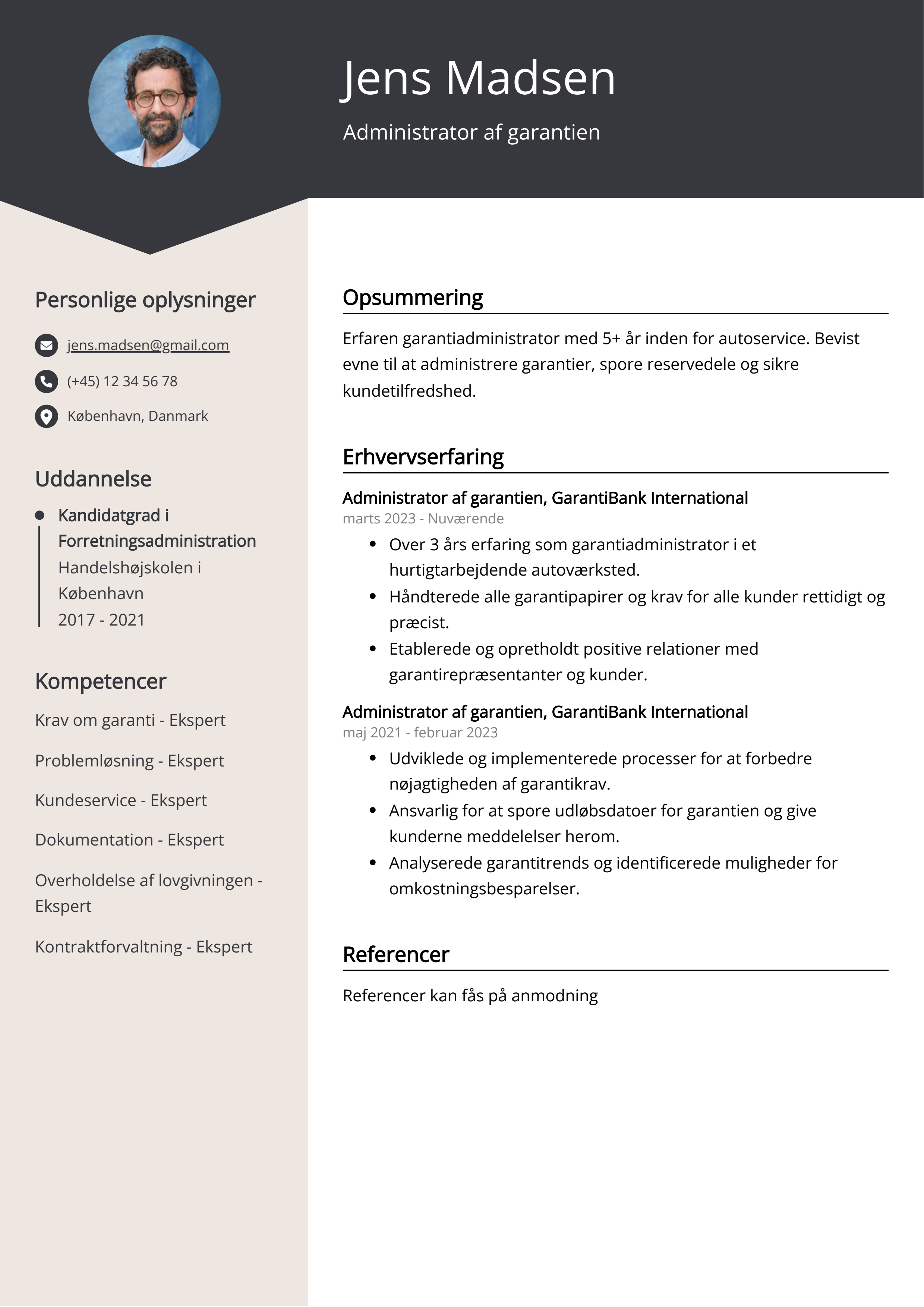 Administrator af garantien CV-eksempel