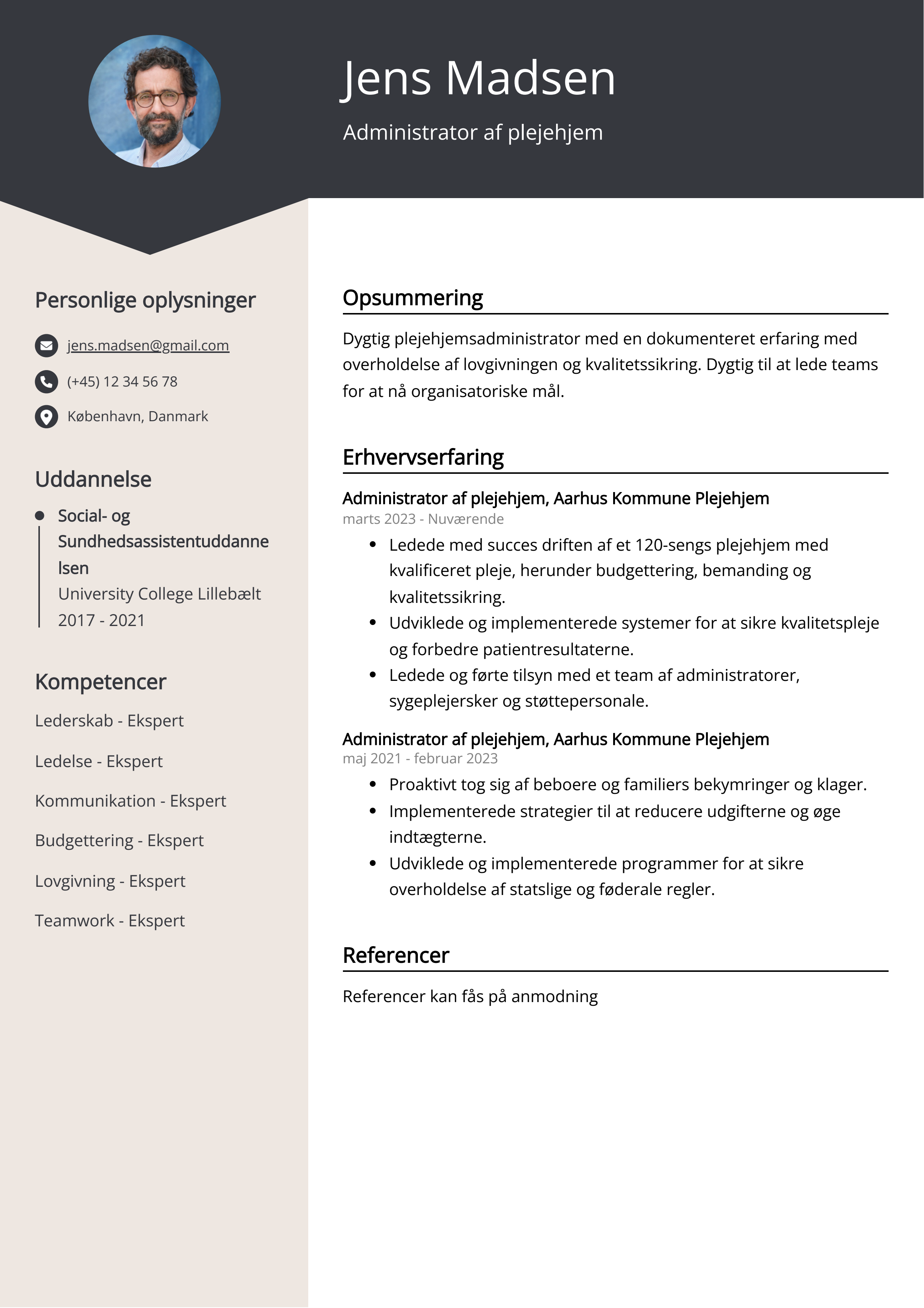 Administrator af plejehjem CV-eksempel