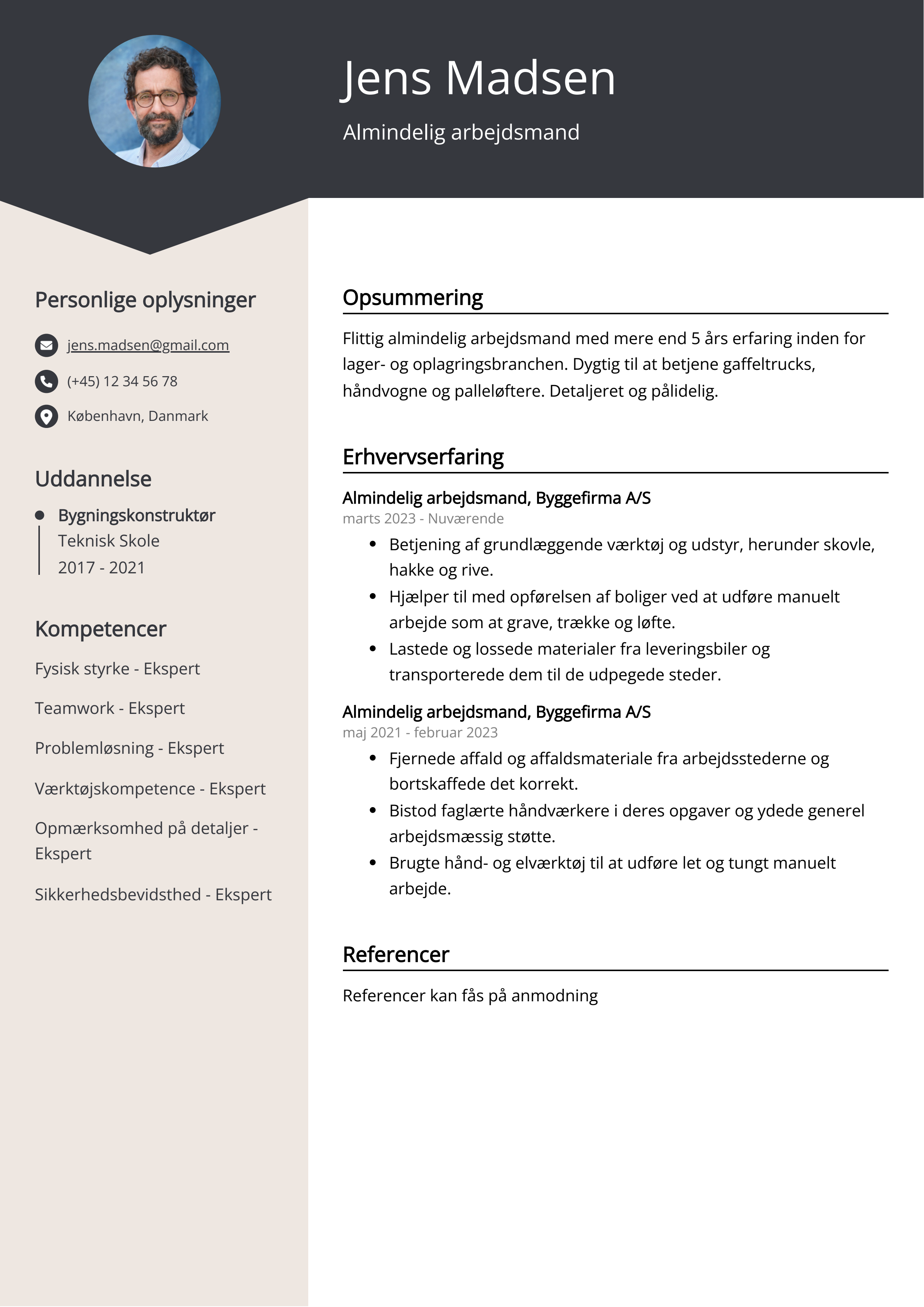 Almindelig arbejdsmand CV-eksempel