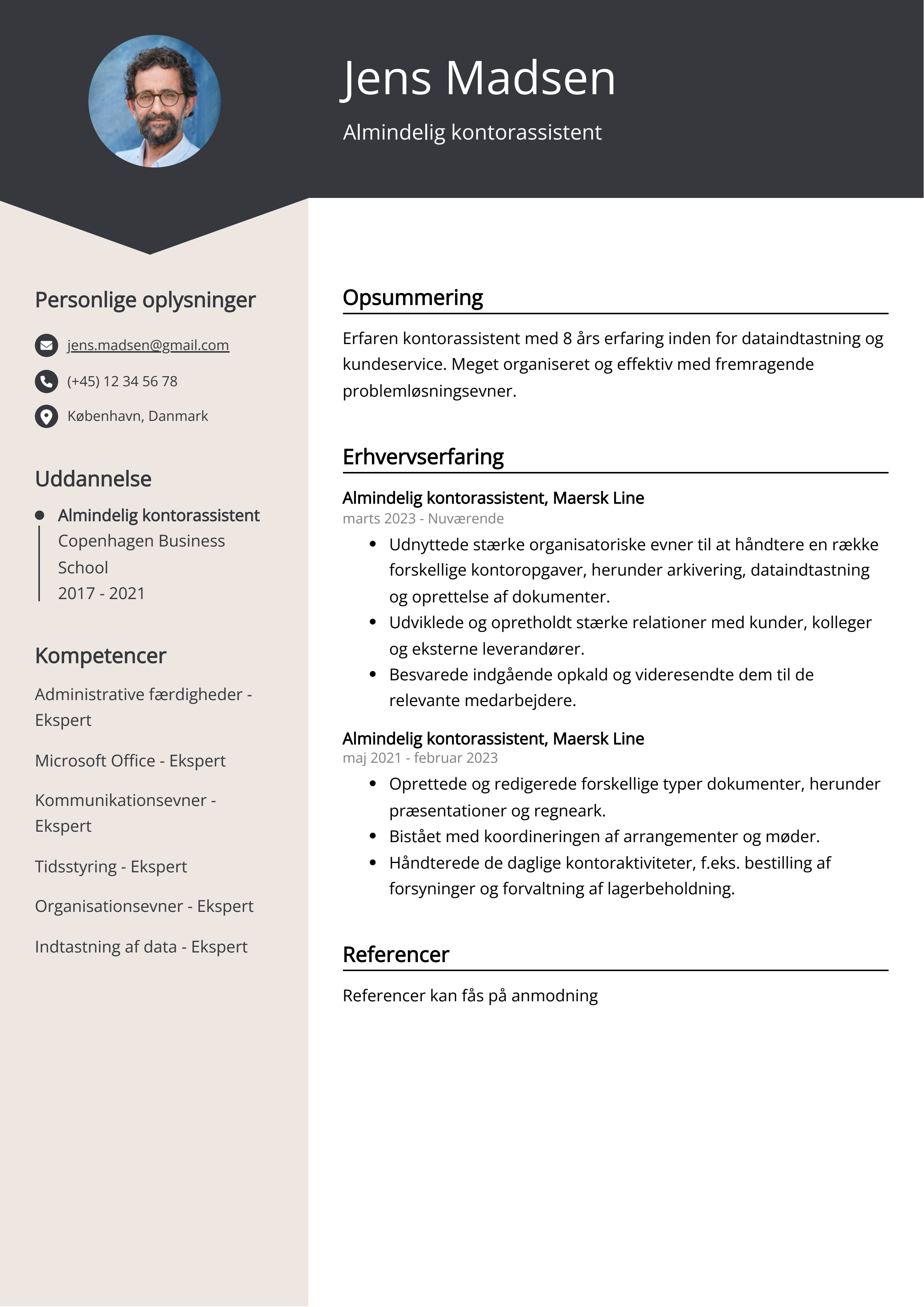 Almindelig kontorassistent CV-eksempel