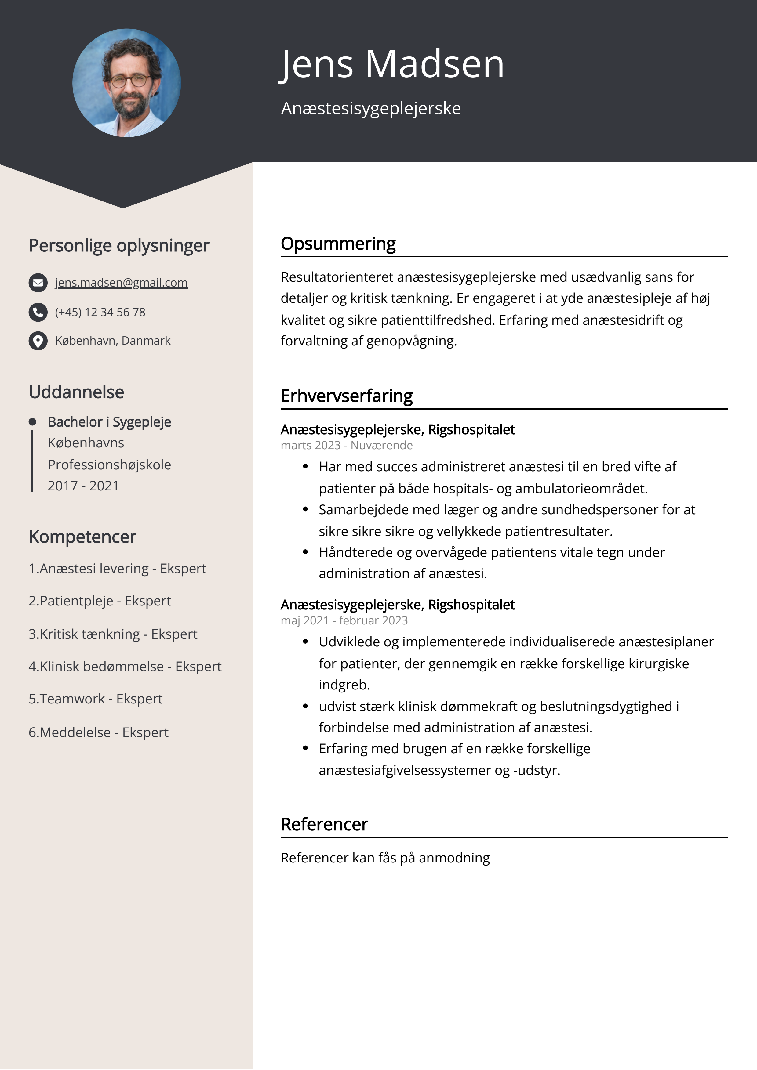 Anæstesisygeplejerske CV Eksempel