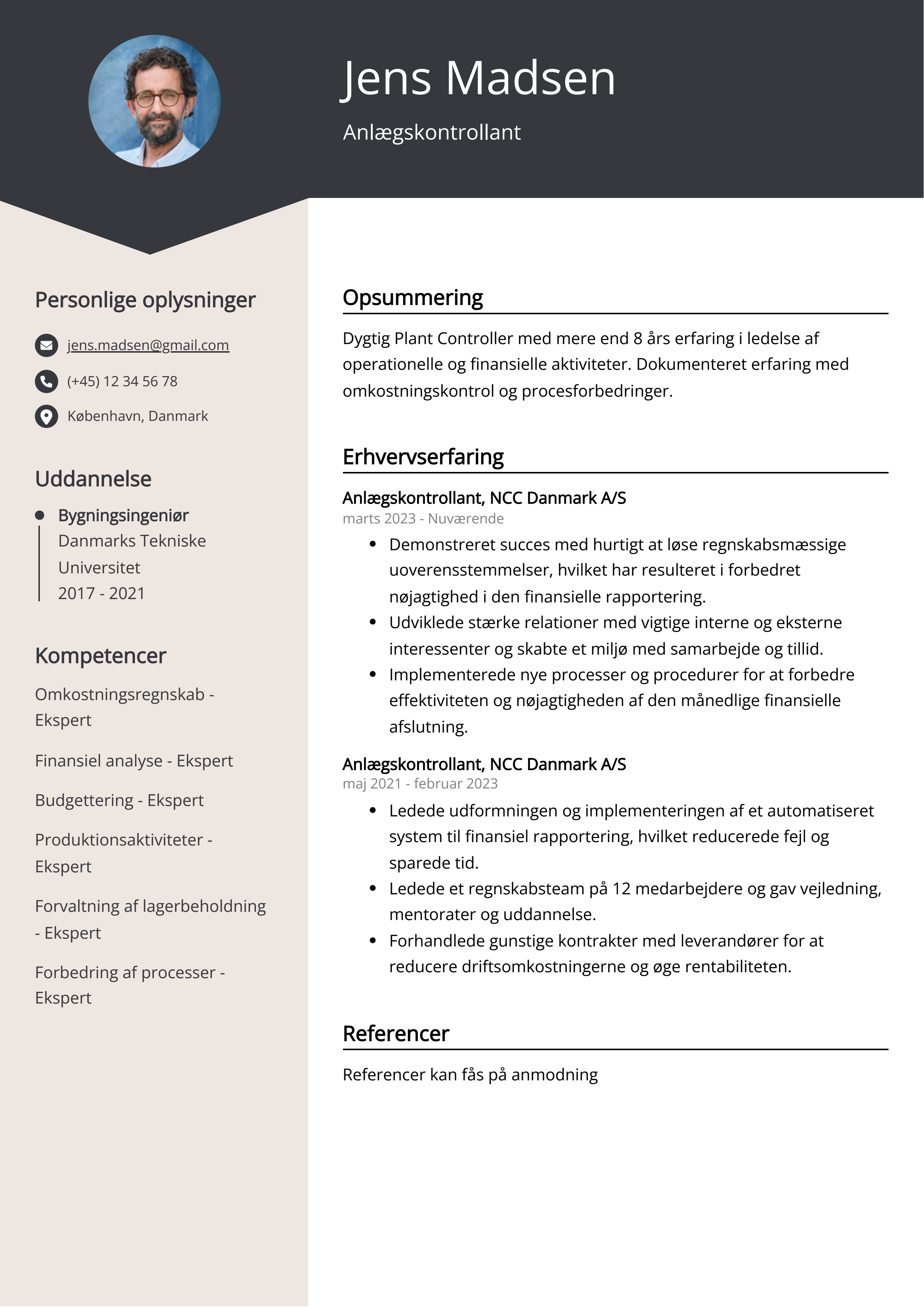 Anlægskontrollant CV-eksempel