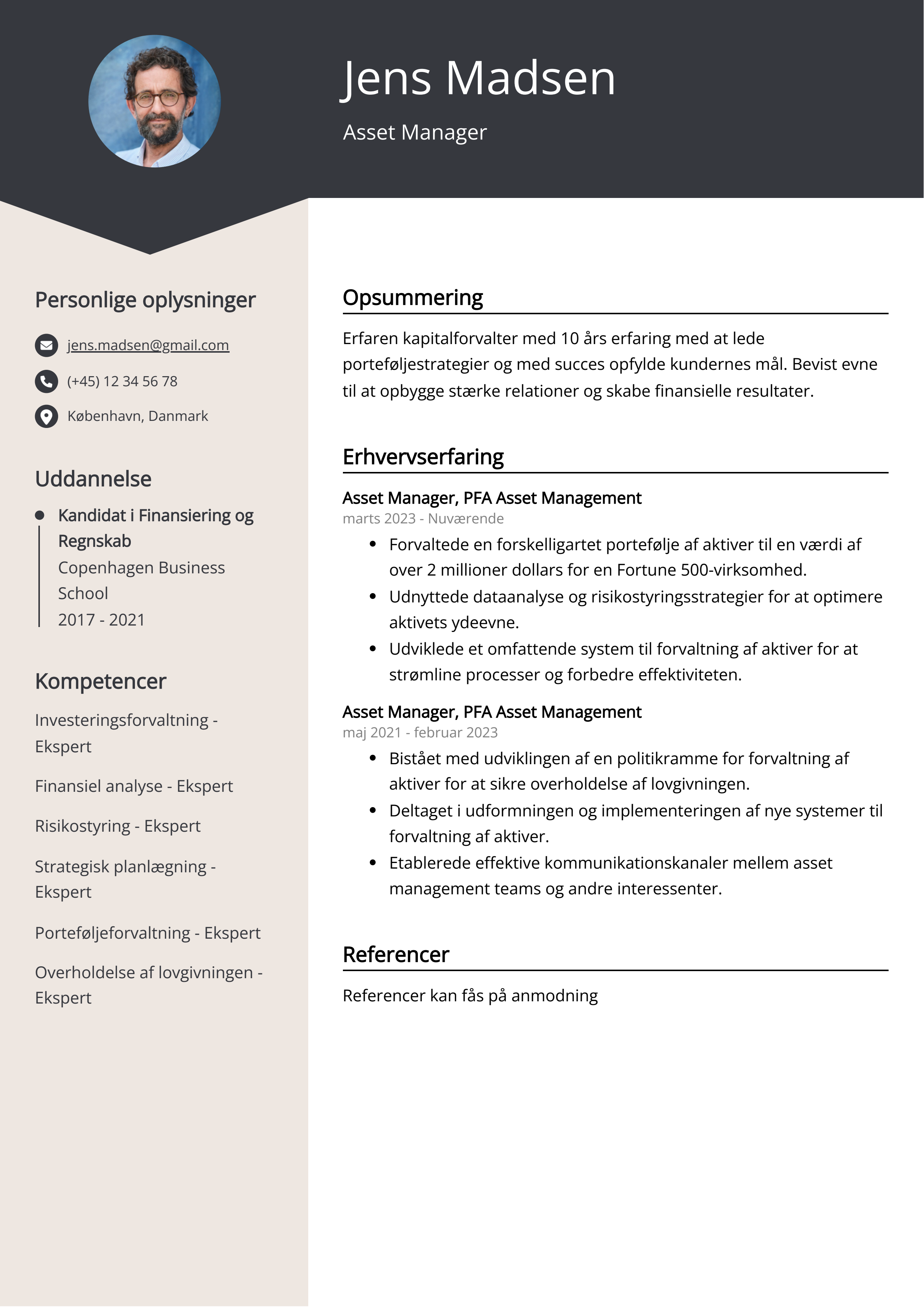Asset Manager CV-eksempel