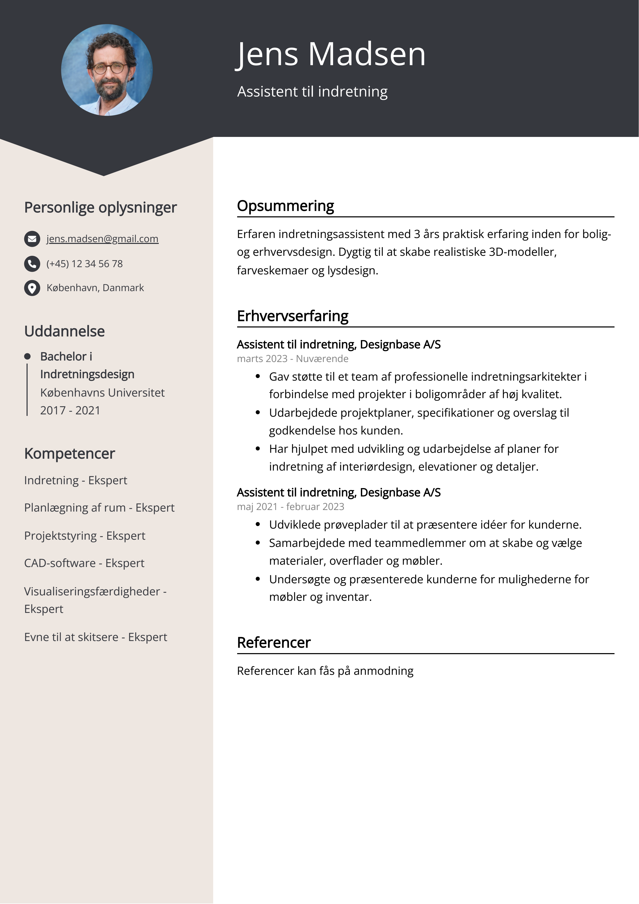 Assistent til indretning CV-eksempel