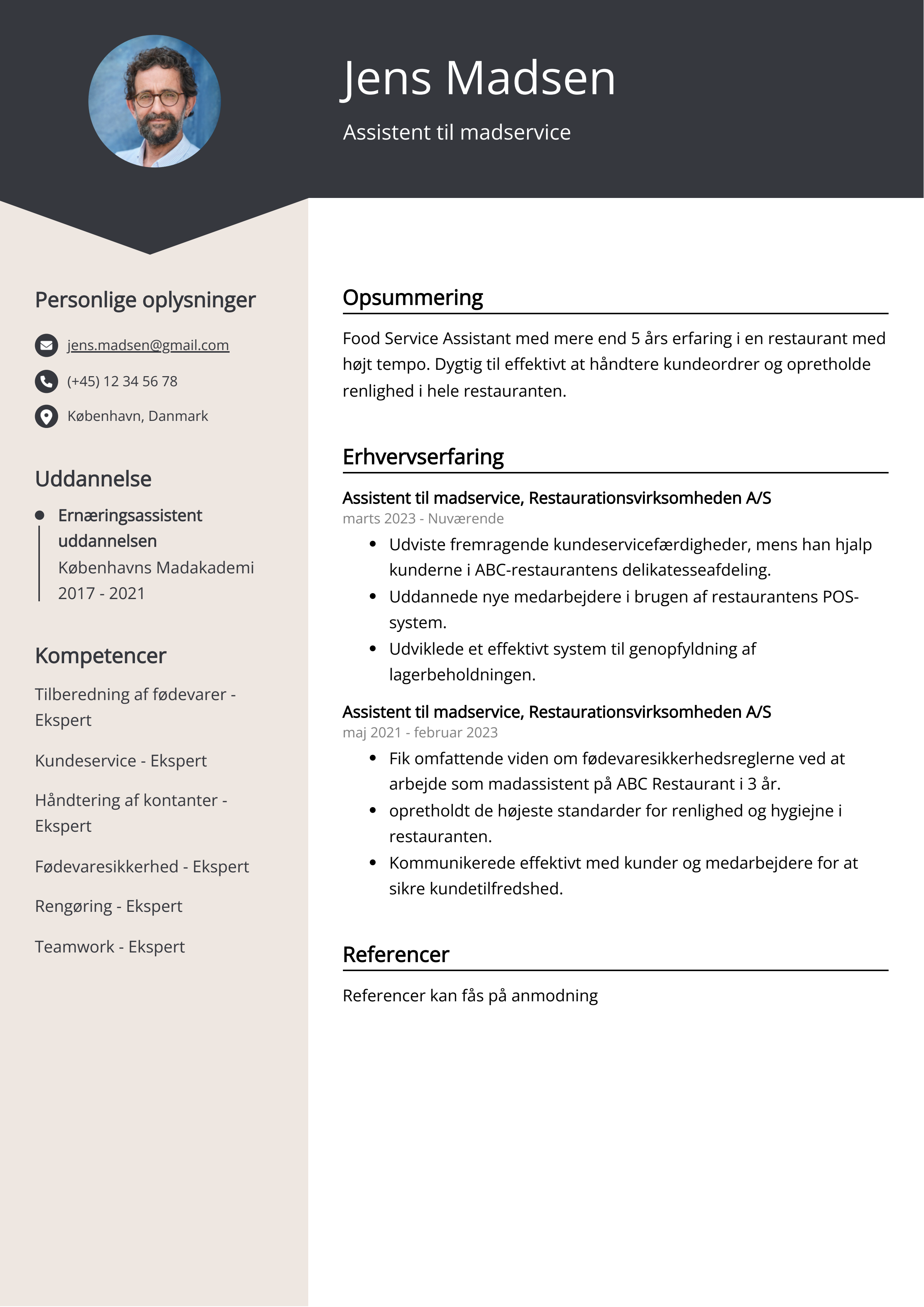 Assistent til madservice CV-eksempel