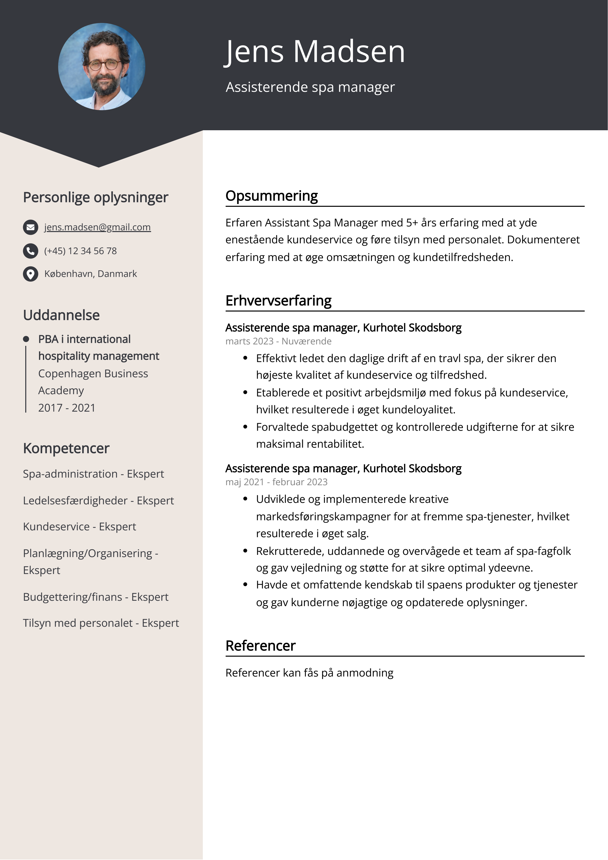 Assisterende spa manager CV-eksempel