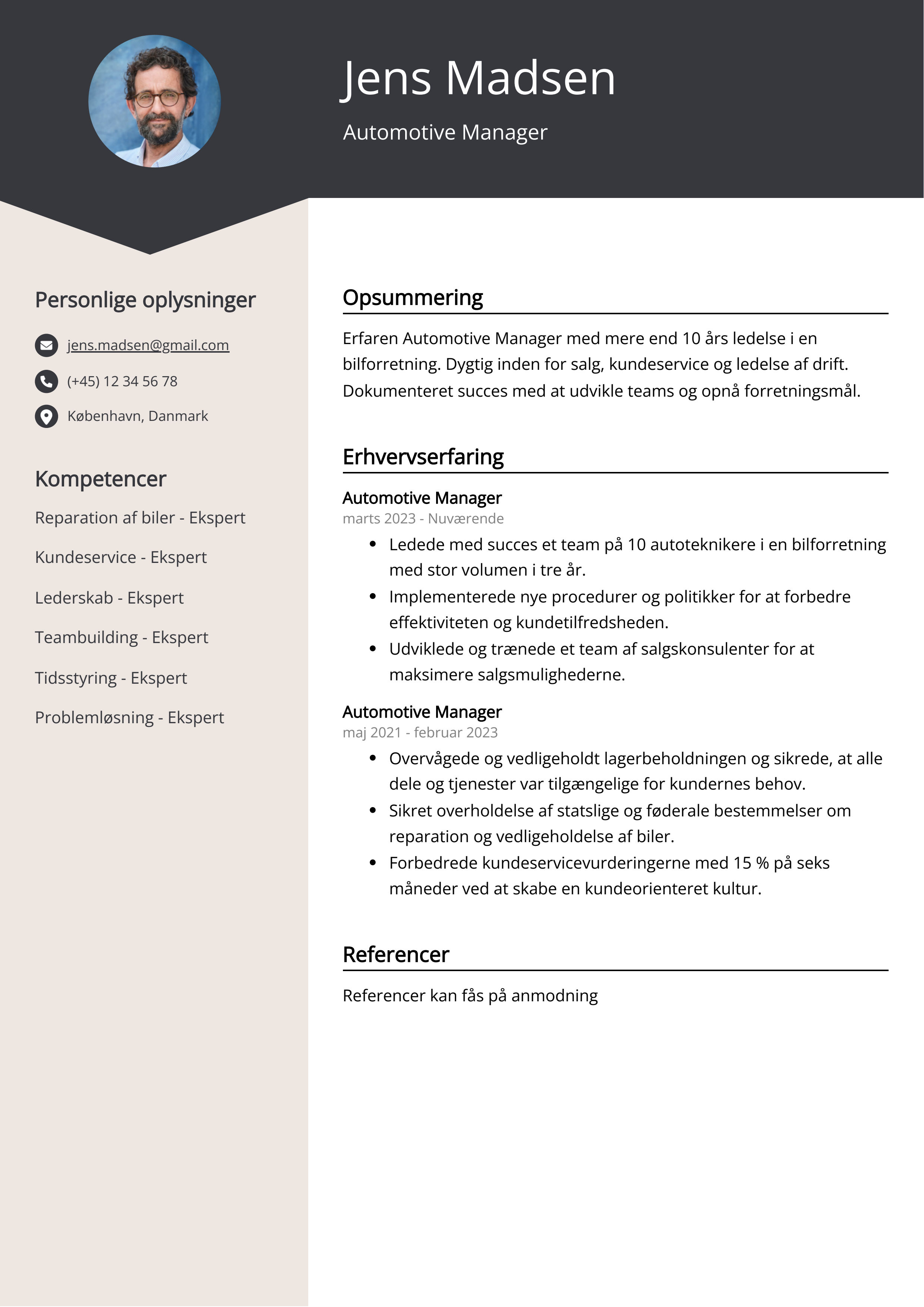 Automotive Manager CV-eksempel