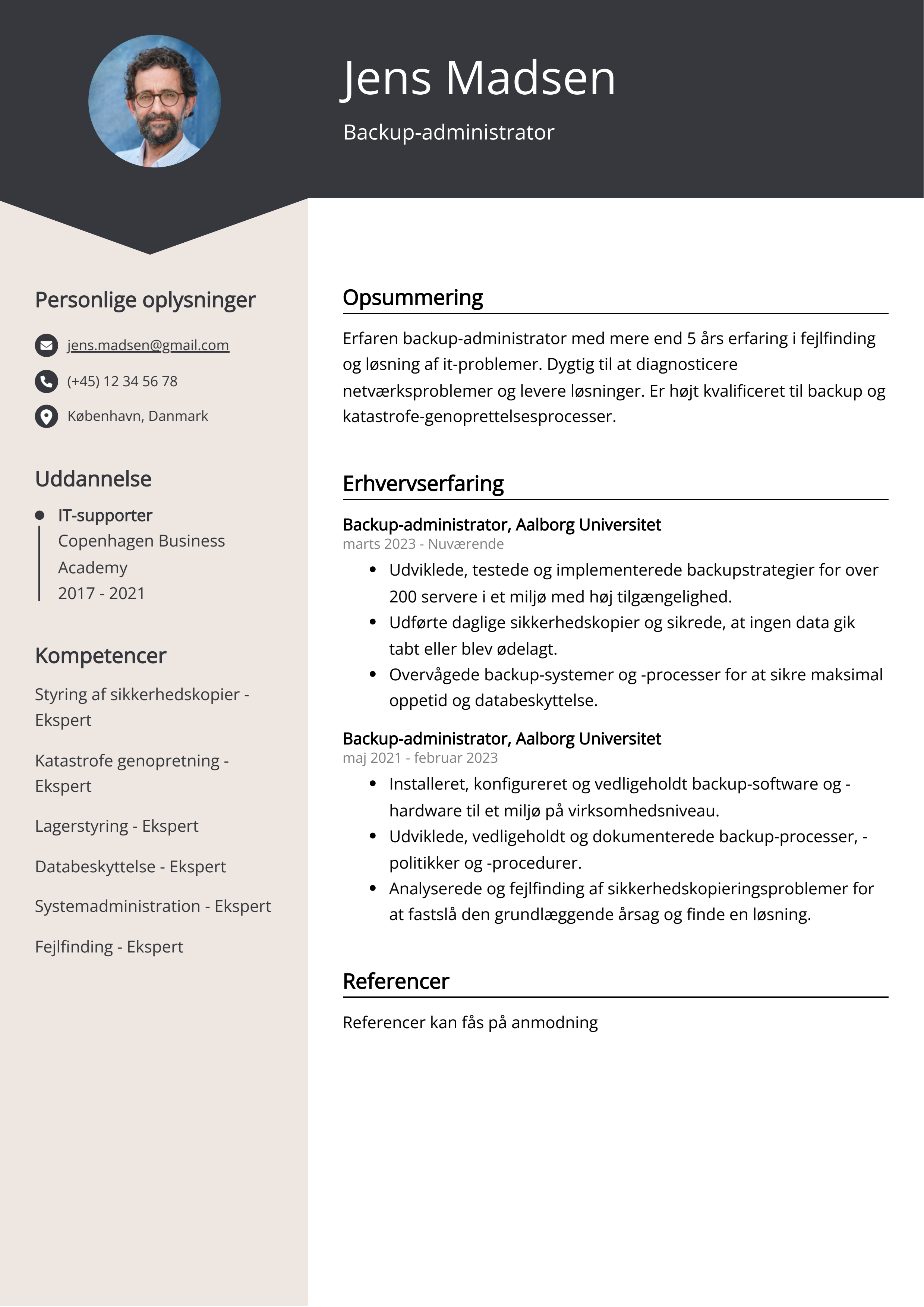 Backup-administrator CV-eksempel