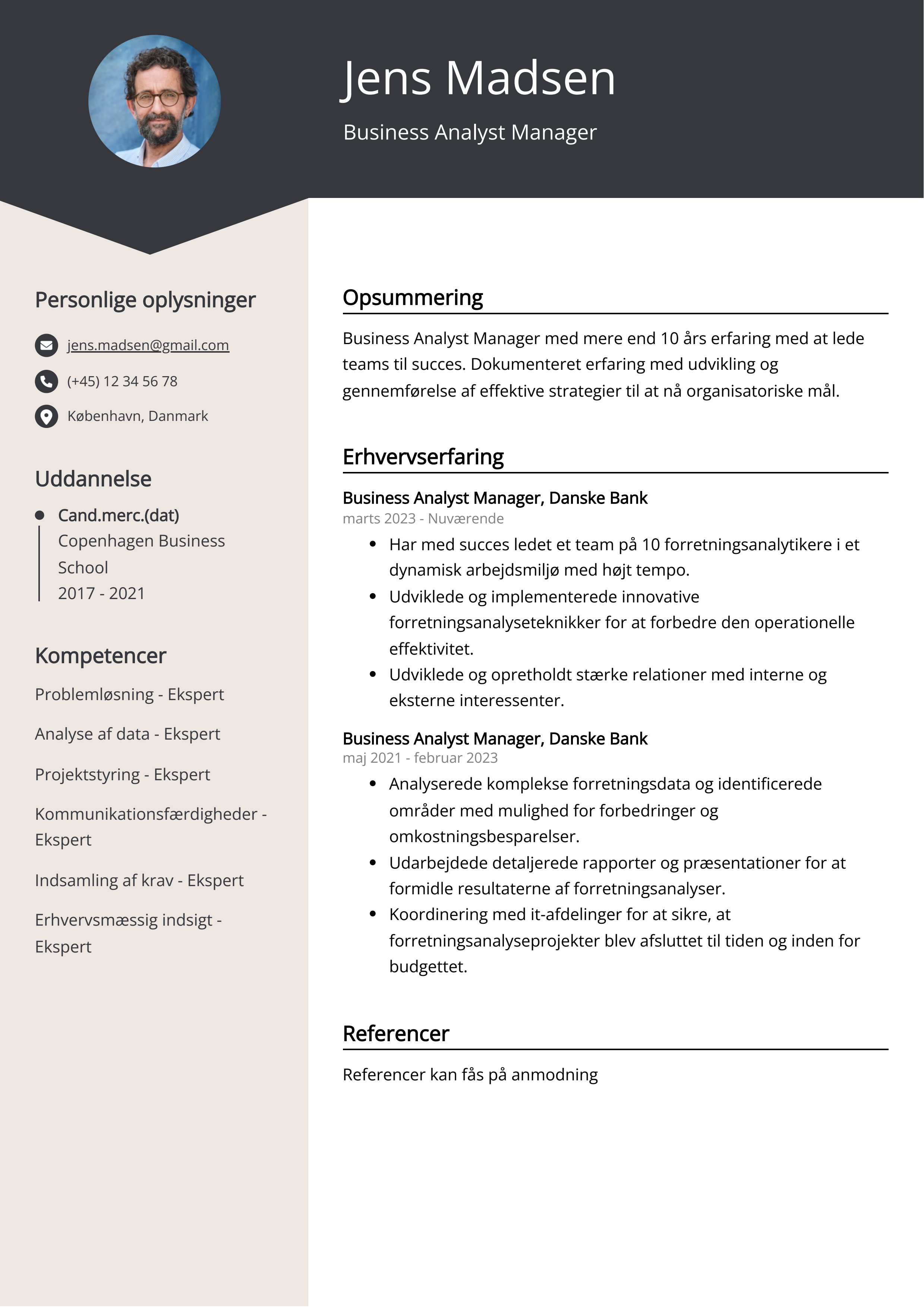 Business Analyst Manager CV-eksempel