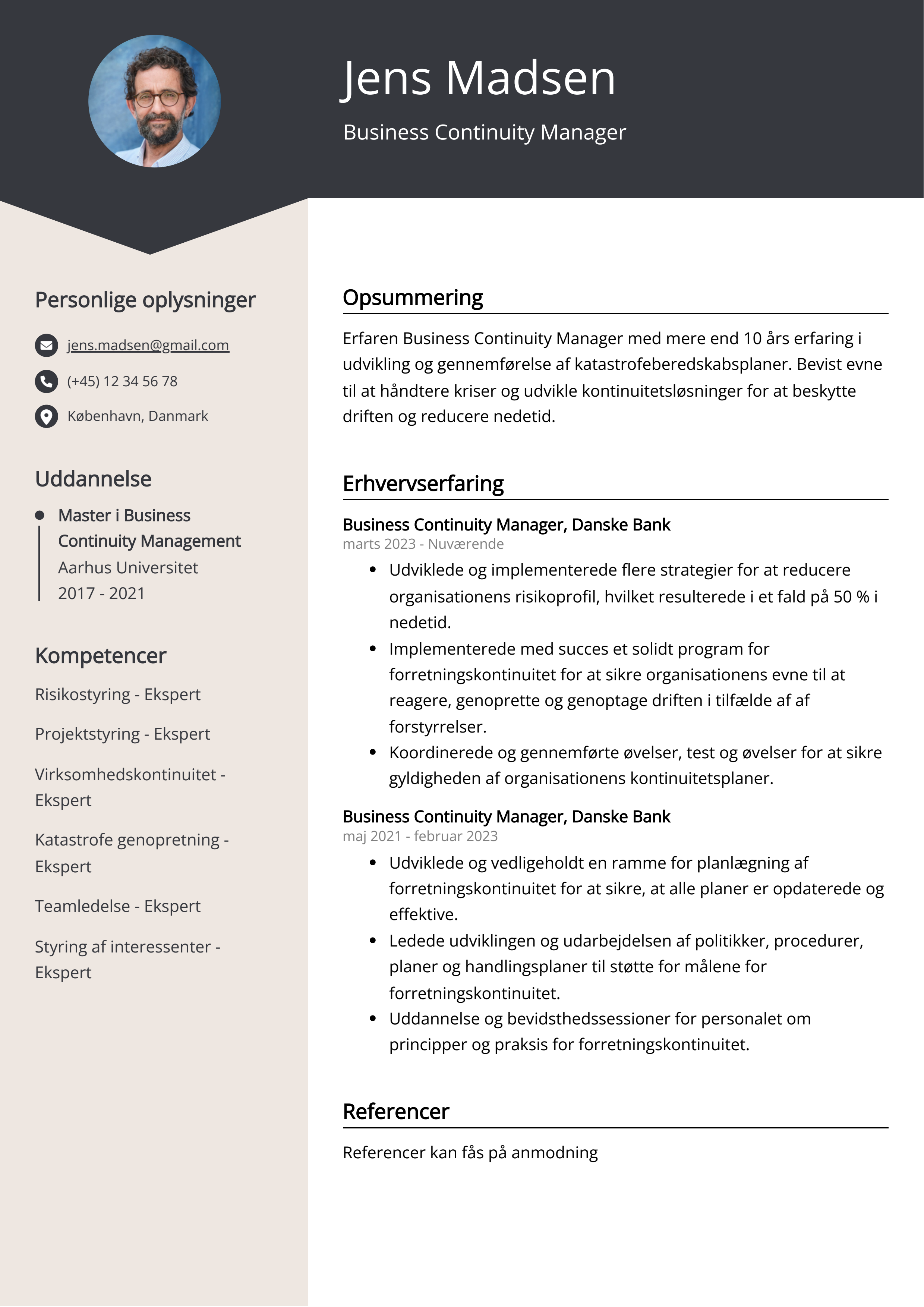 Business Continuity Manager CV-eksempel