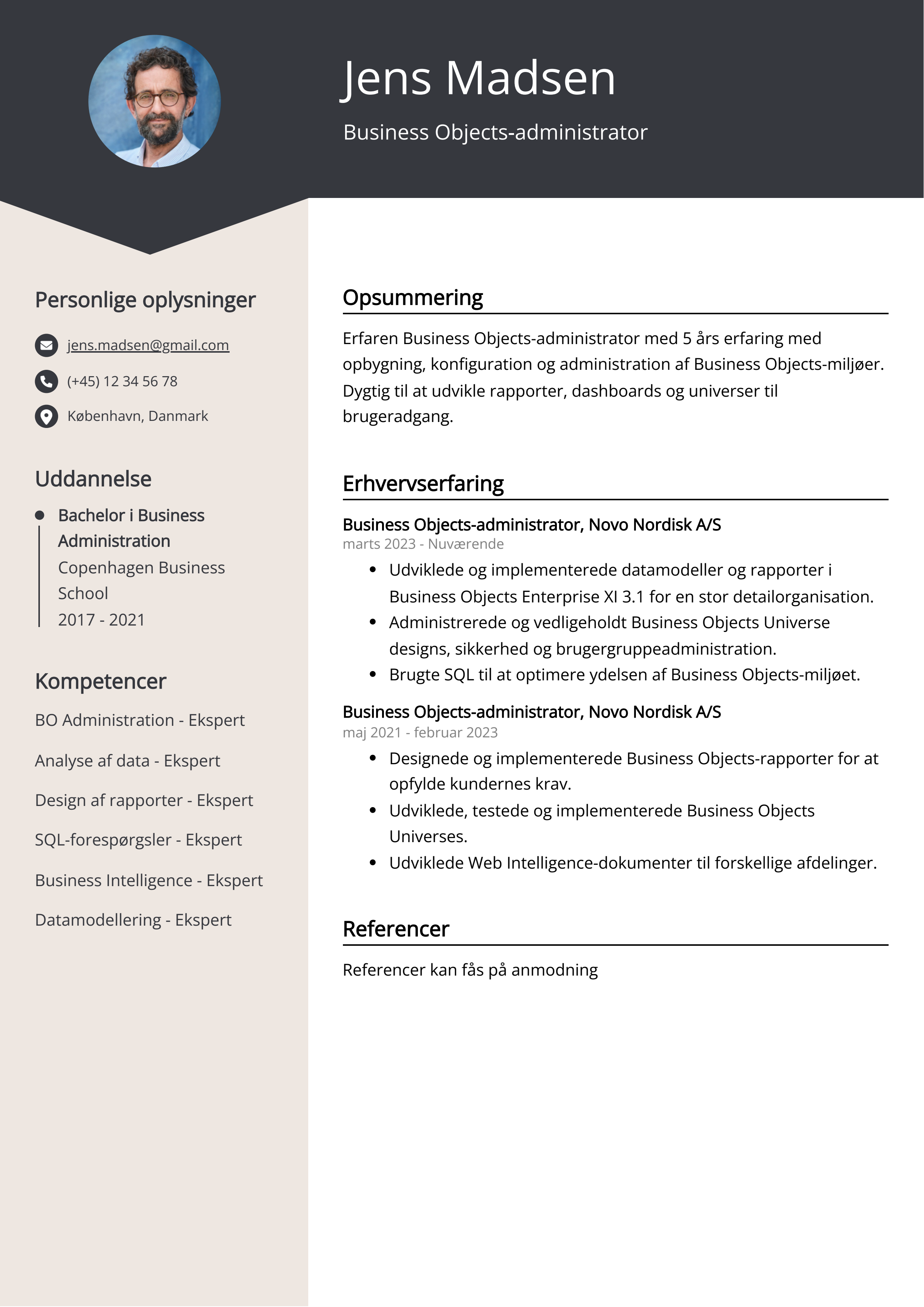 Eksempel på CV for Business Objects-administrator