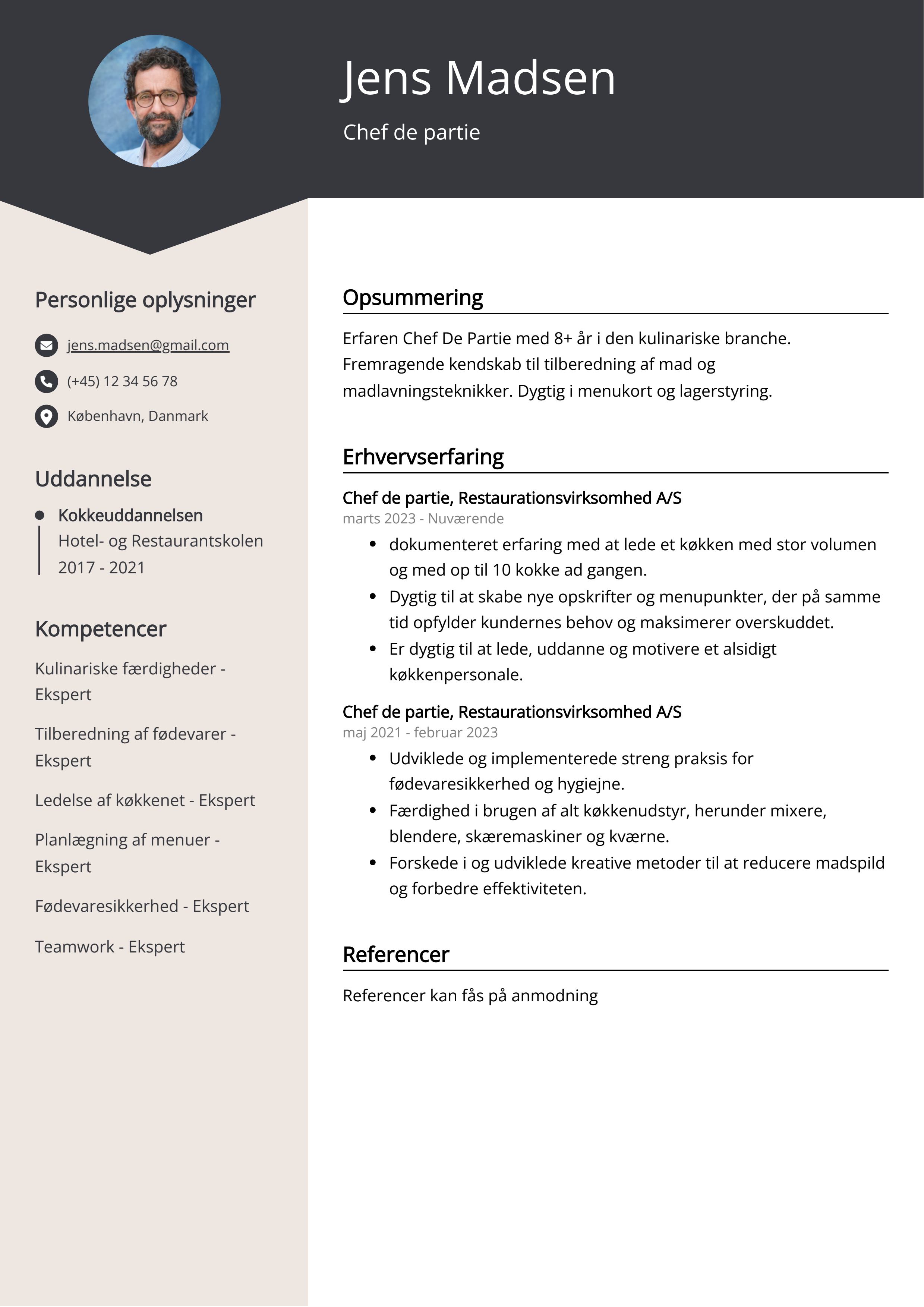 Chef de partie CV eksempel