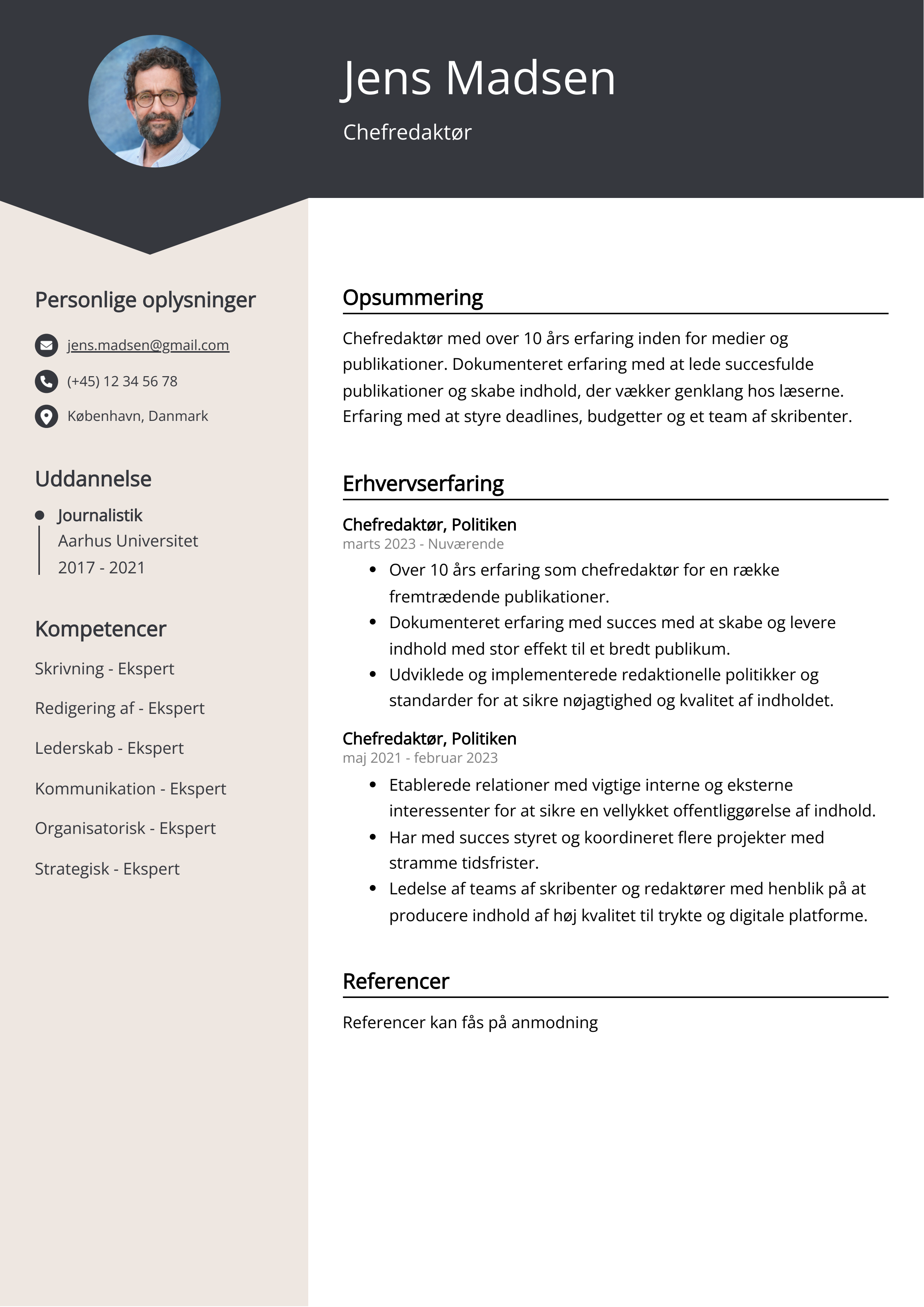 Chefredaktør CV-eksempel