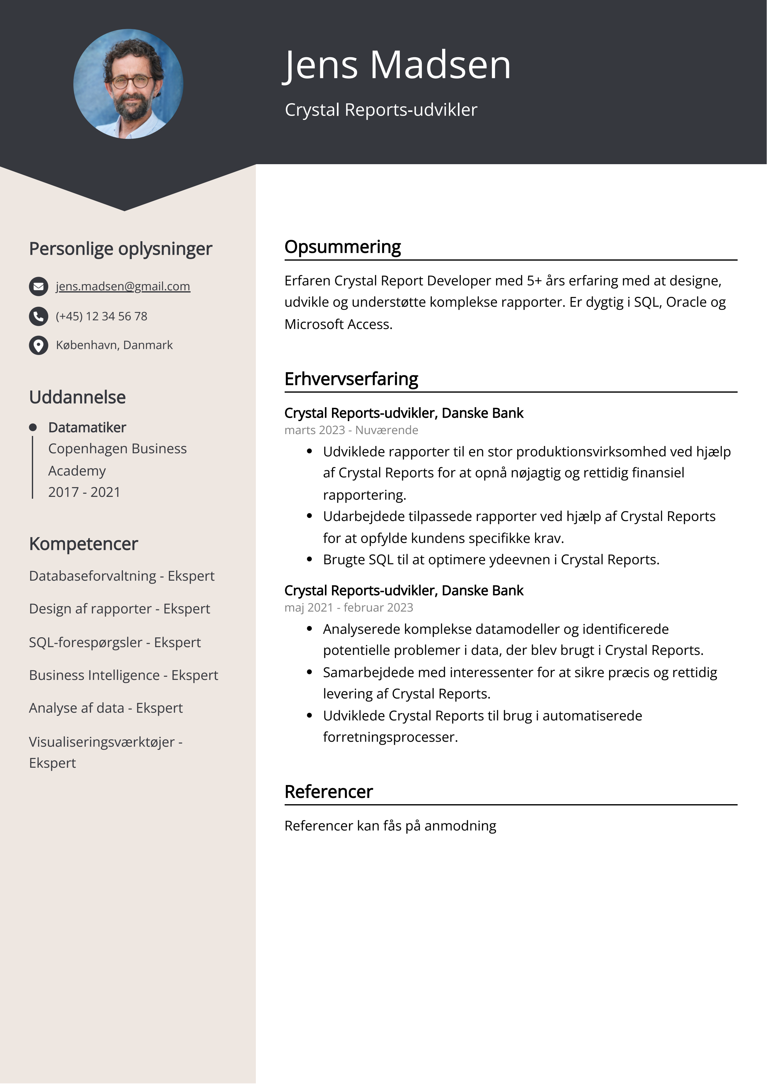 Crystal Reports-udvikler CV-eksempel