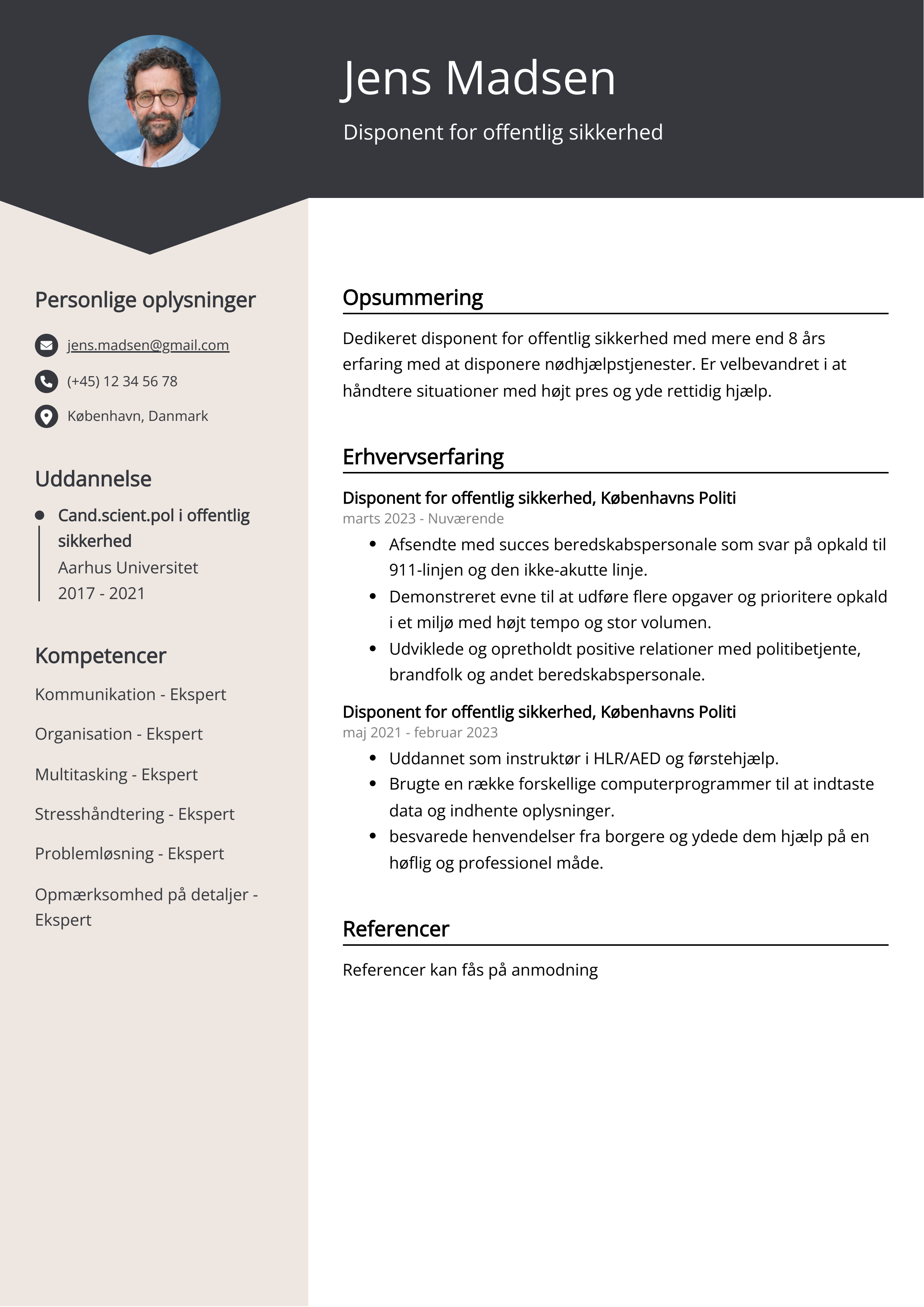 Disponent for offentlig sikkerhed CV-eksempel