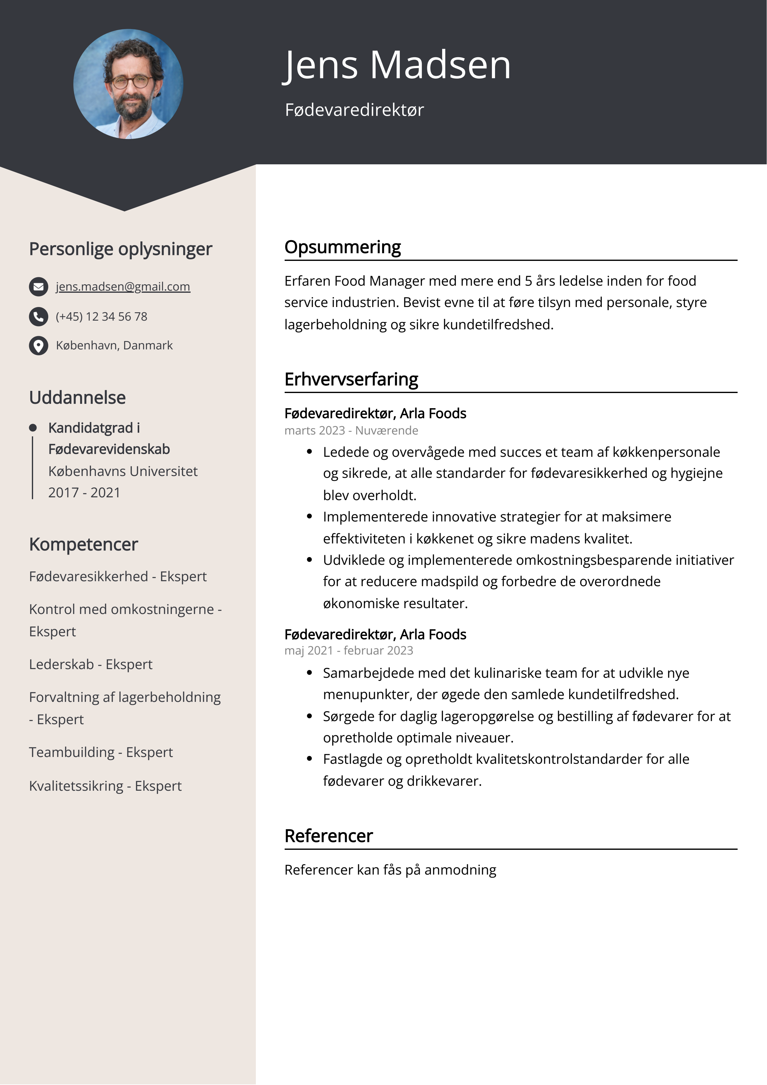 Fødevaredirektør CV-eksempel