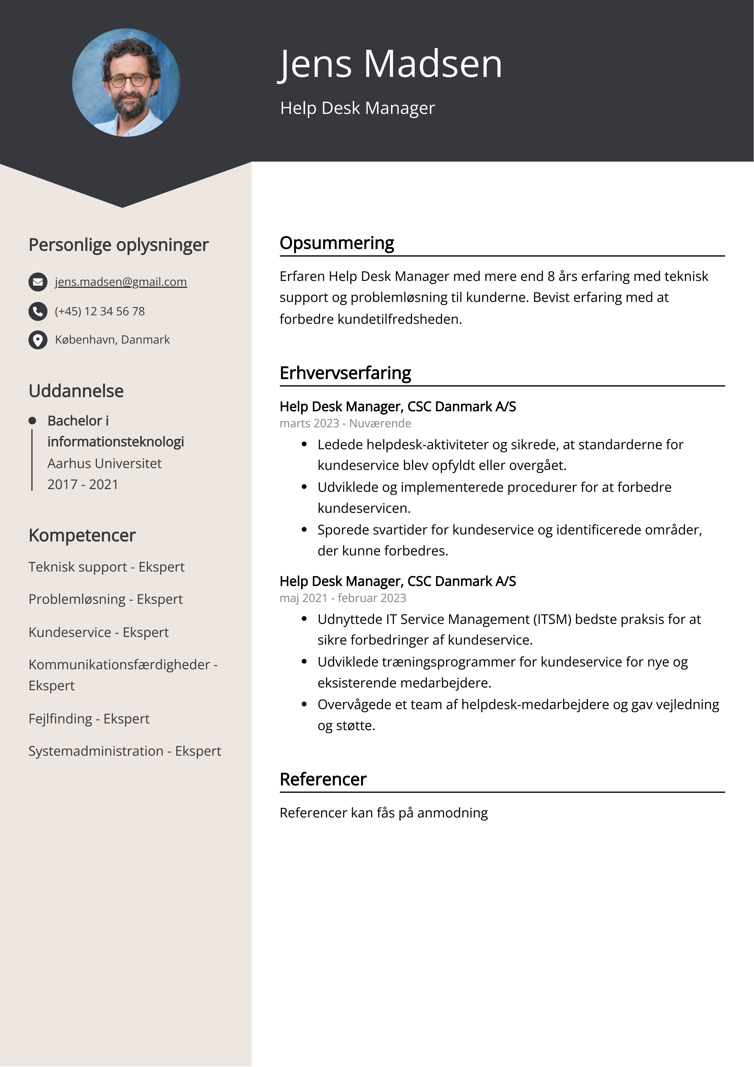 Help Desk Manager CV-eksempel