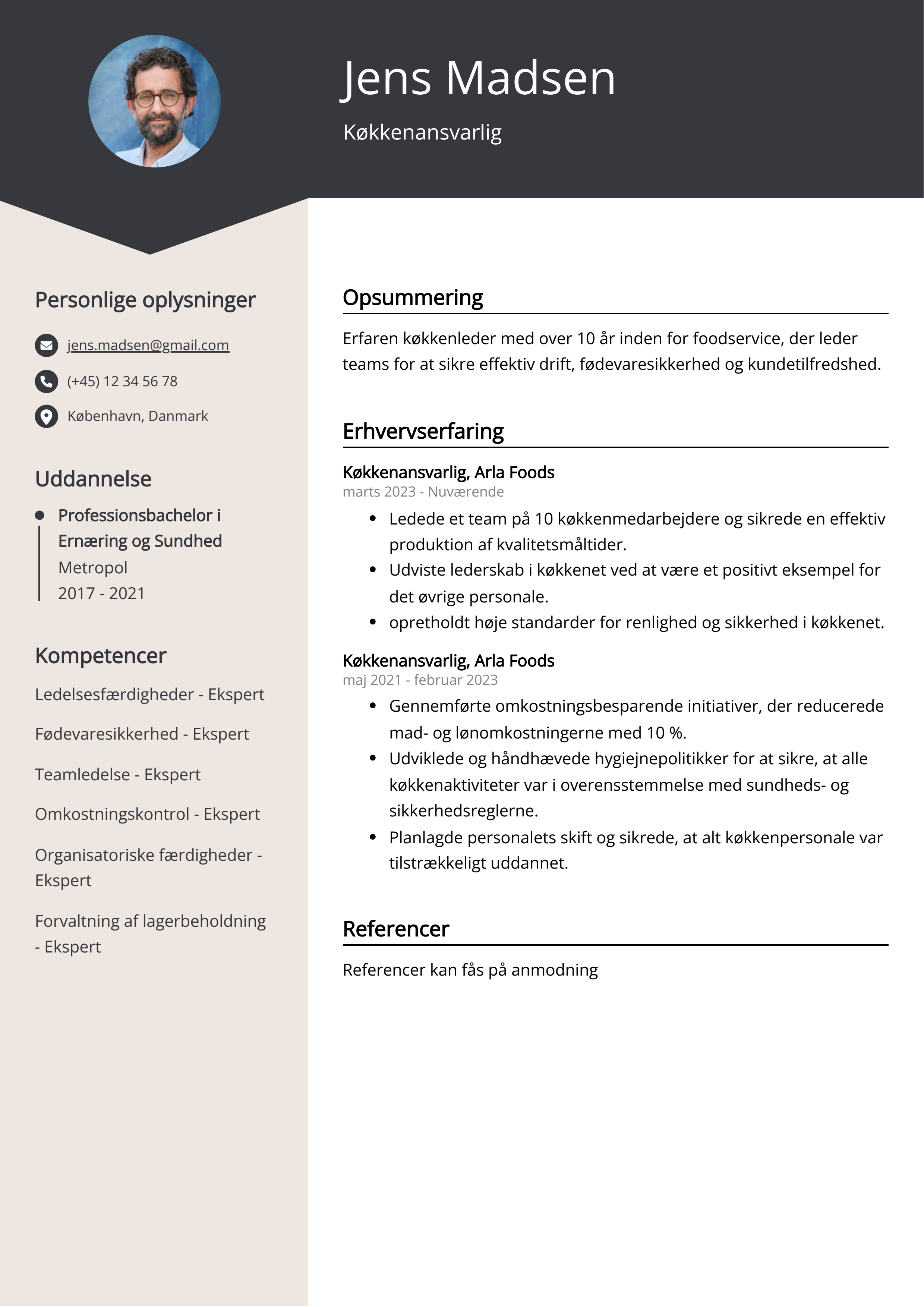 Køkkenansvarlig CV-eksempel