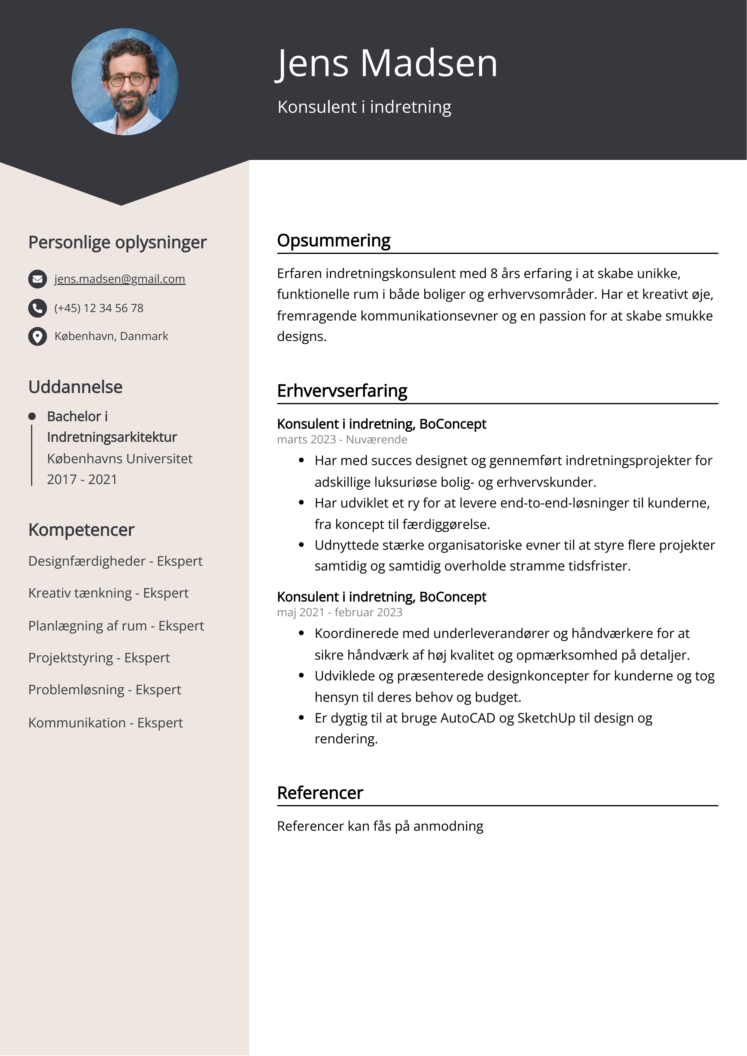 Konsulent i indretning CV-eksempel