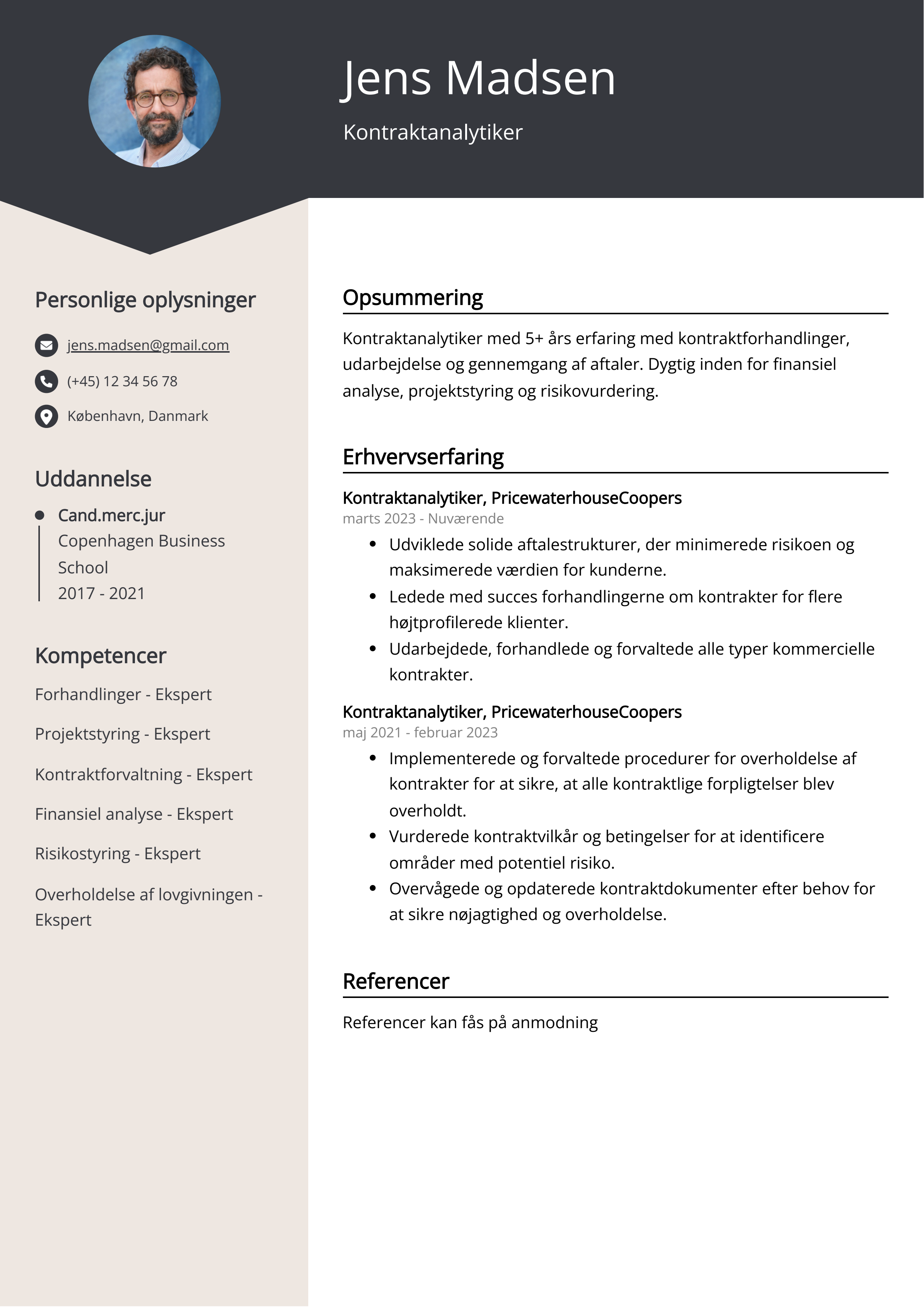 Kontraktanalytiker CV-eksempel