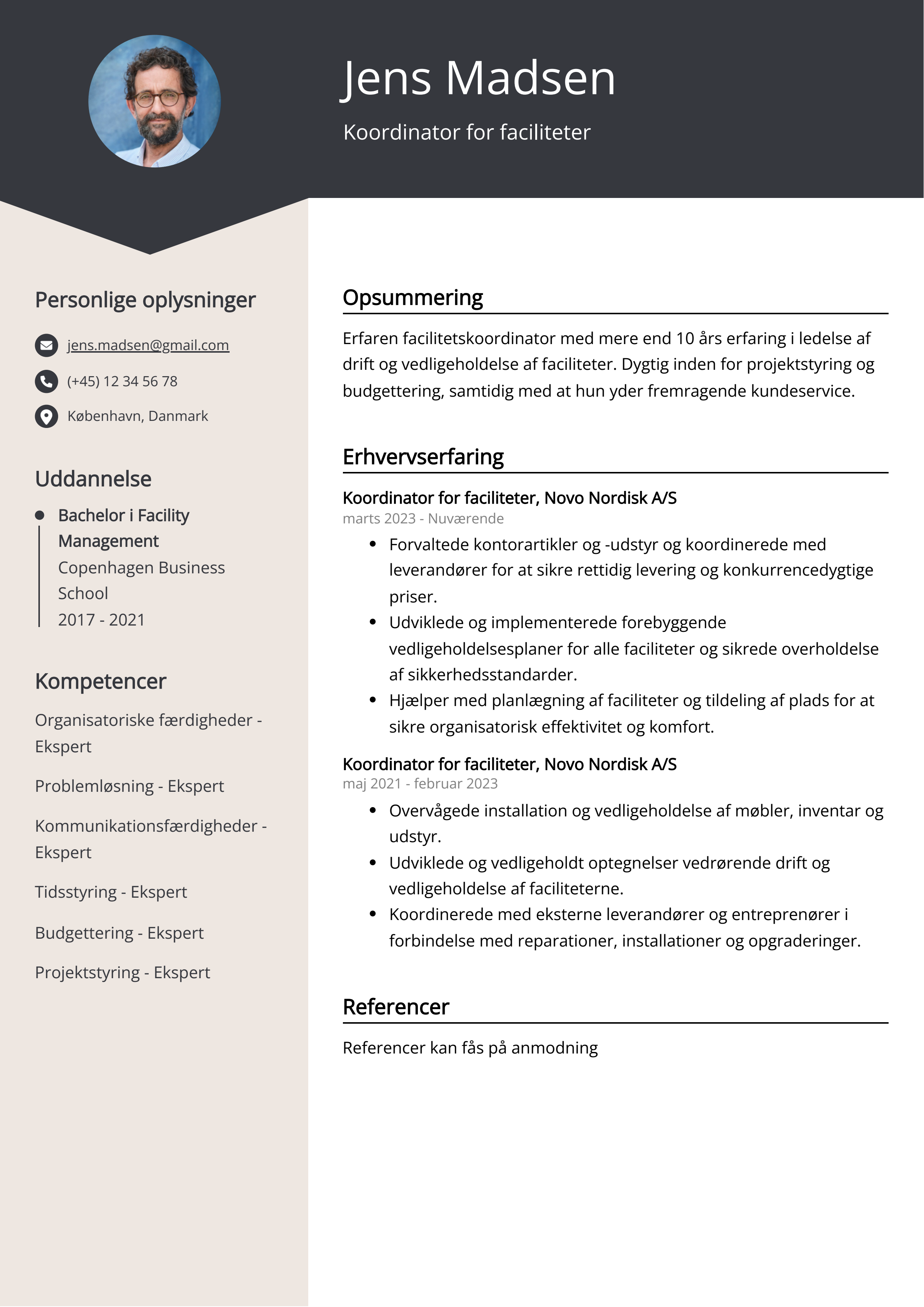 Koordinator for faciliteter CV-eksempel