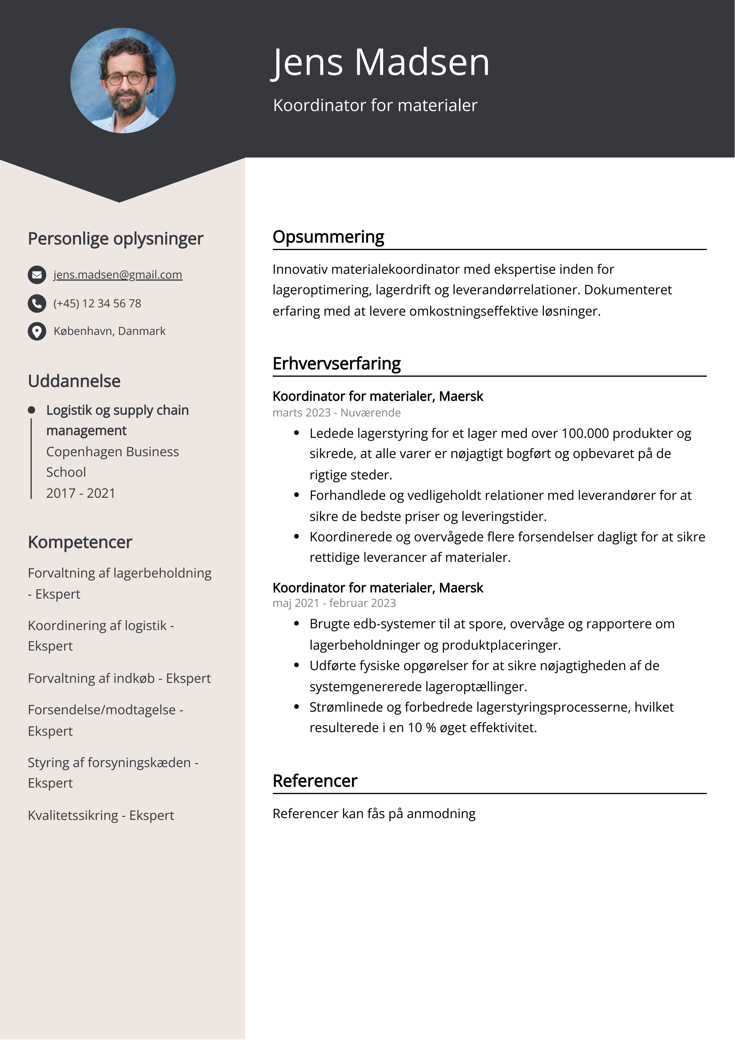 Koordinator for materialer CV-eksempel