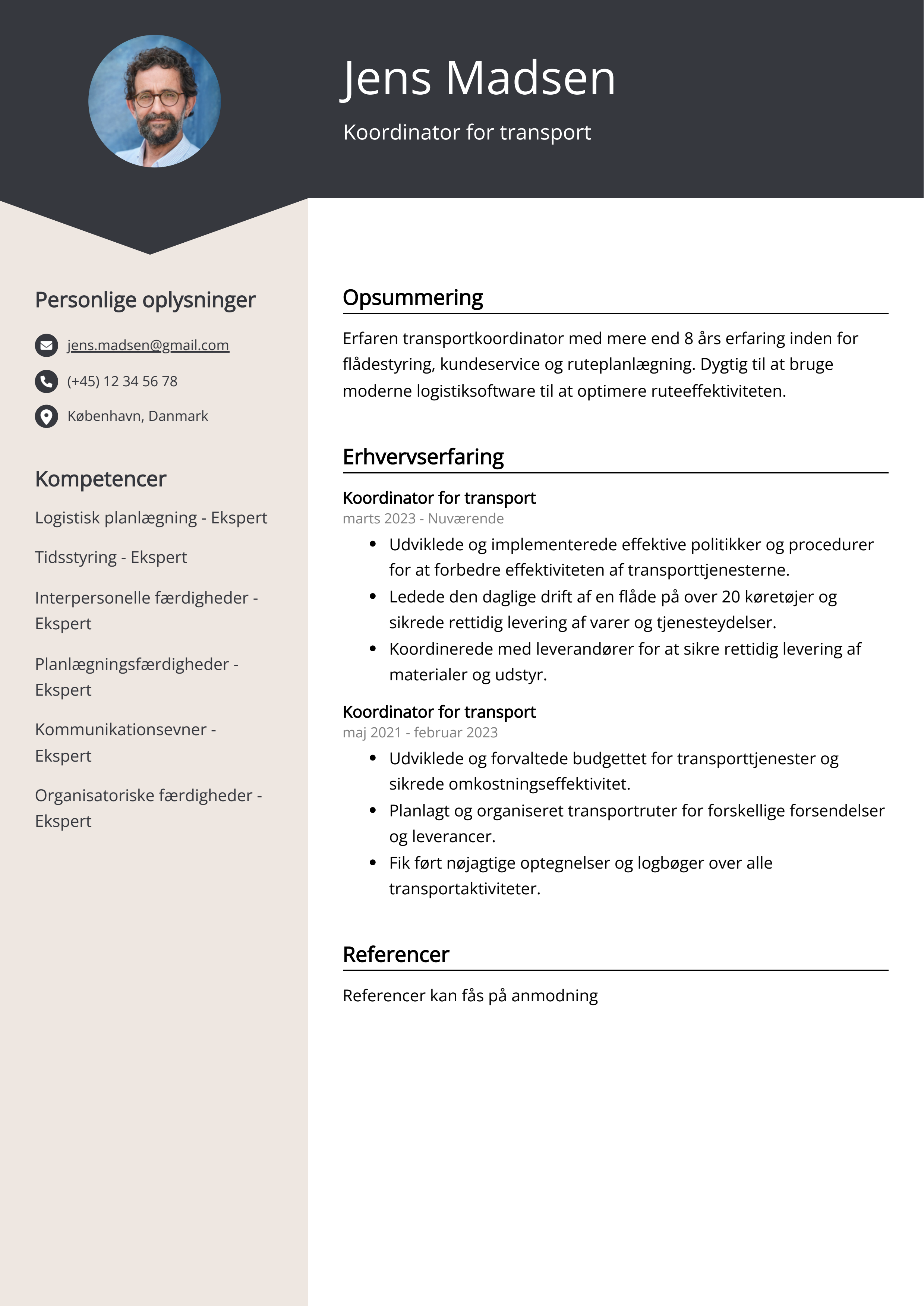 Koordinator for transport CV-eksempel