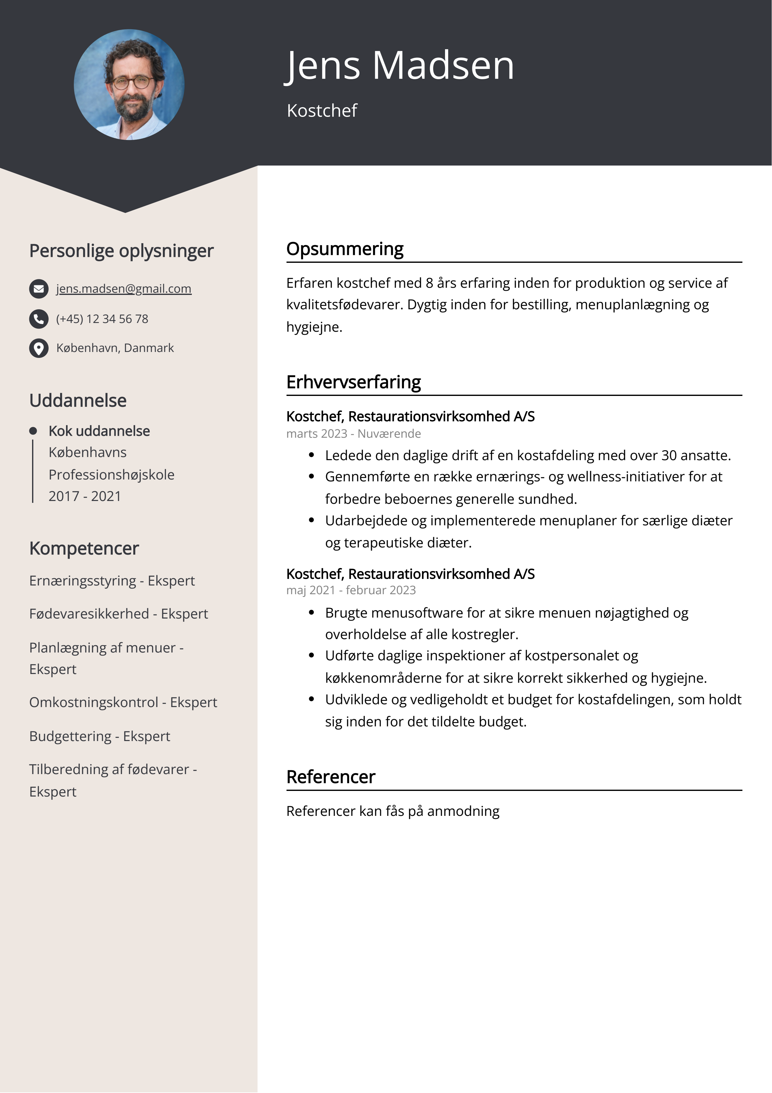 Kostchef CV-eksempel