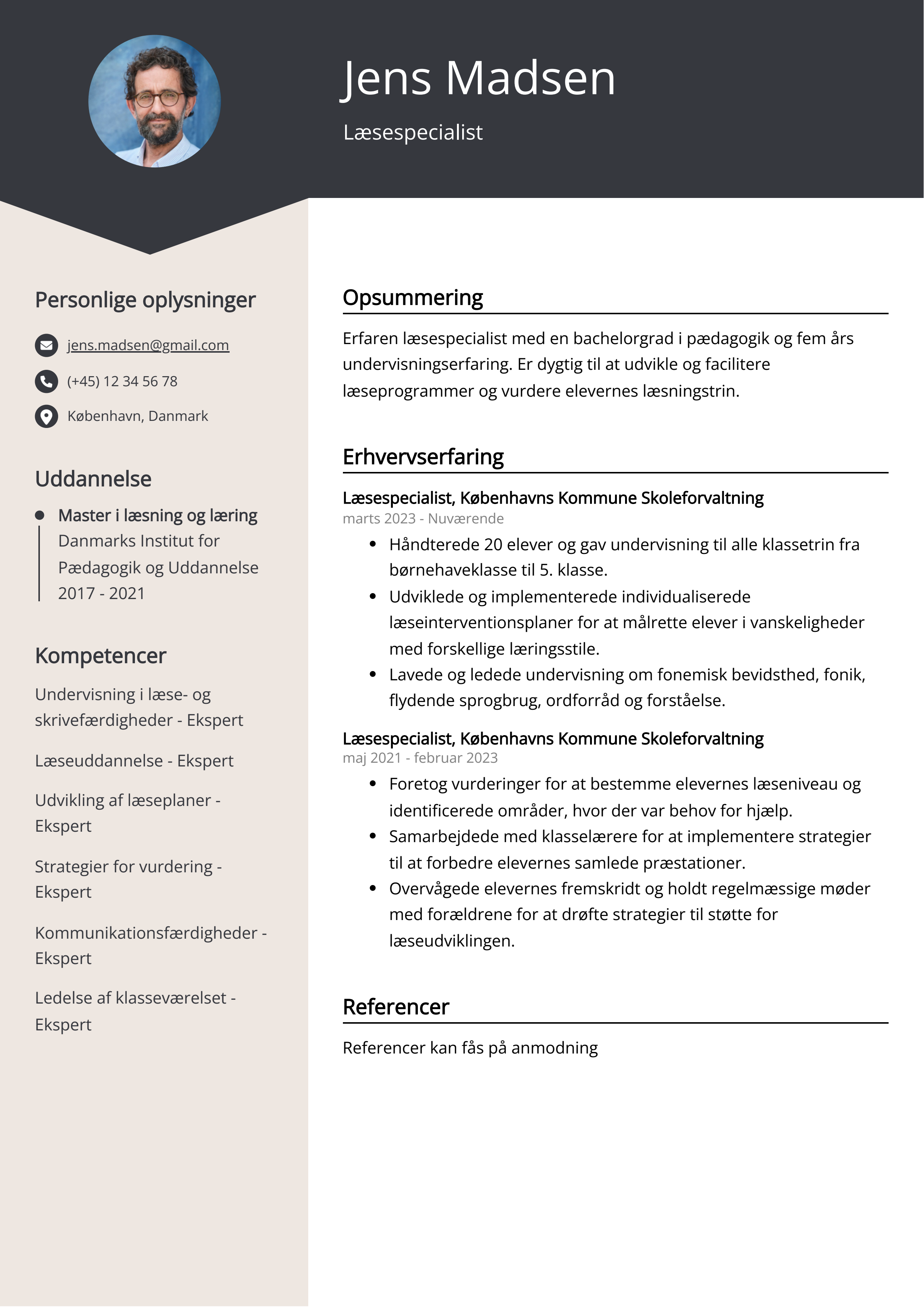 Læsespecialist CV-eksempel