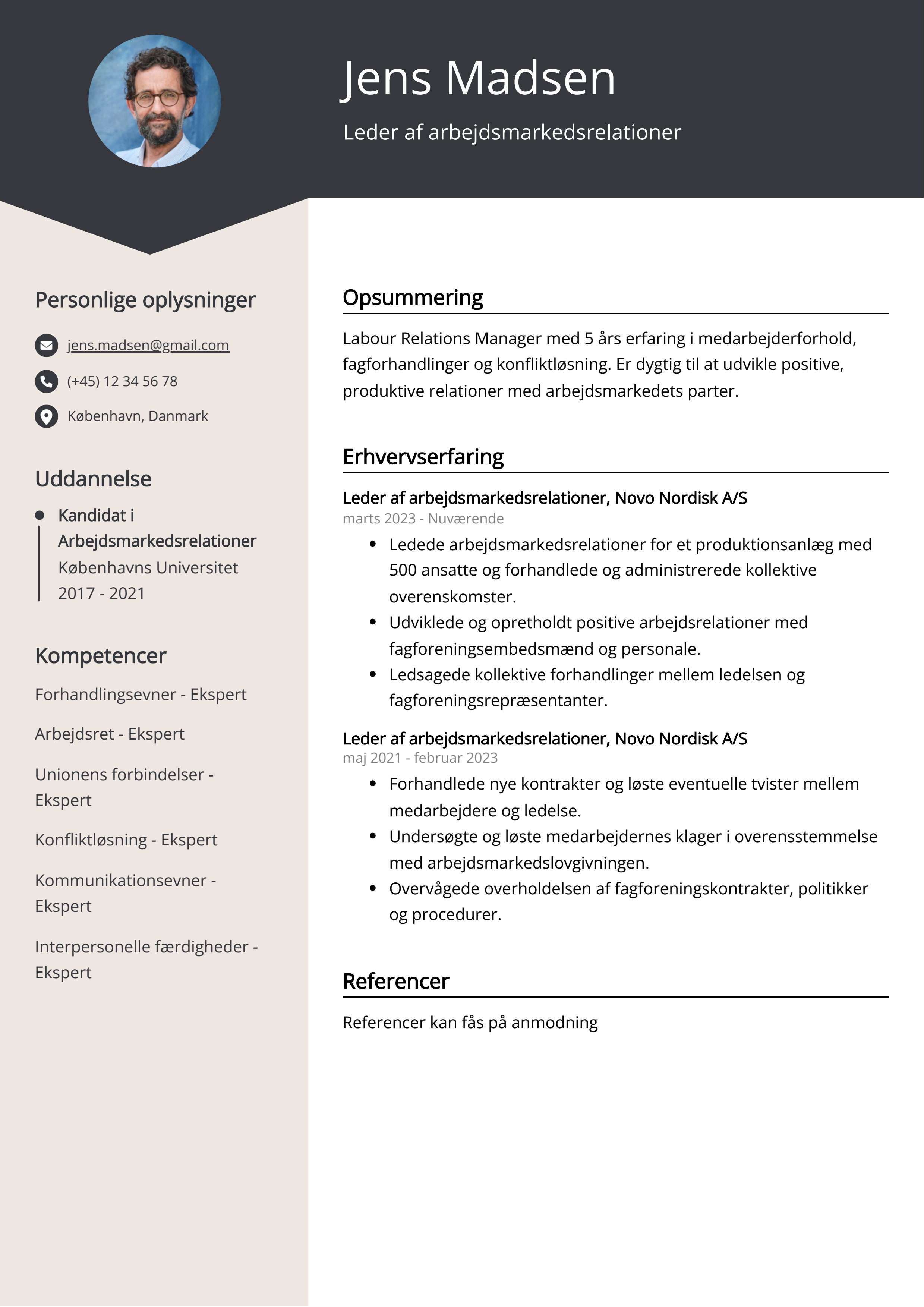 Leder af arbejdsmarkedsrelationer CV-eksempel