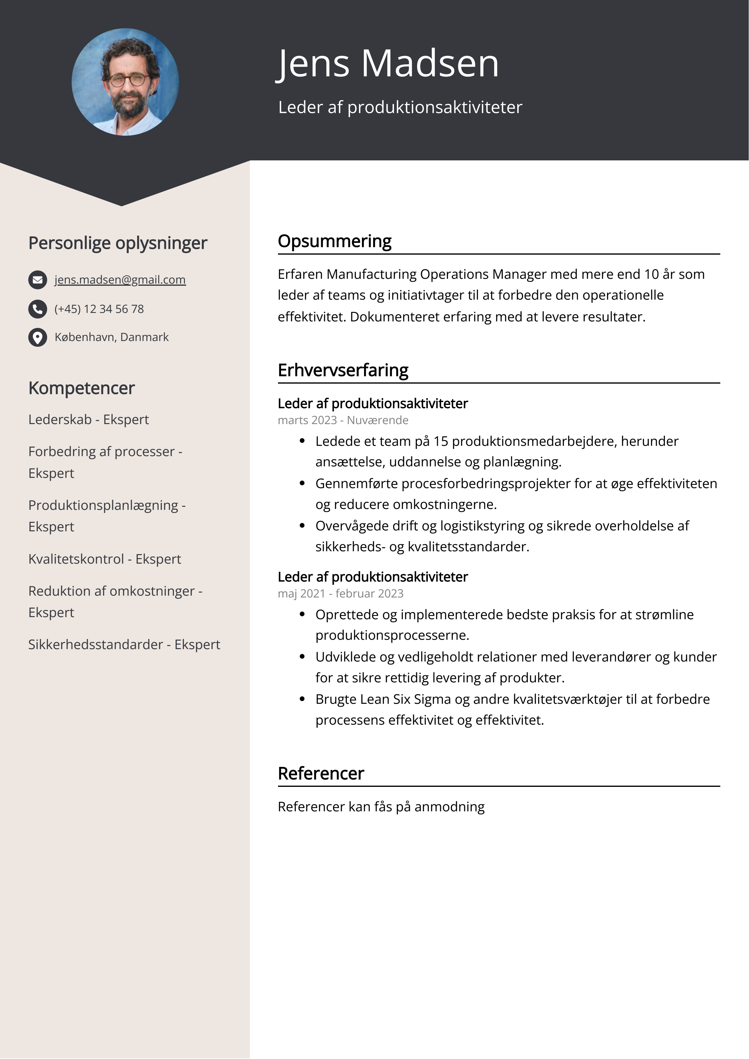 Leder af produktionsaktiviteter CV-eksempel