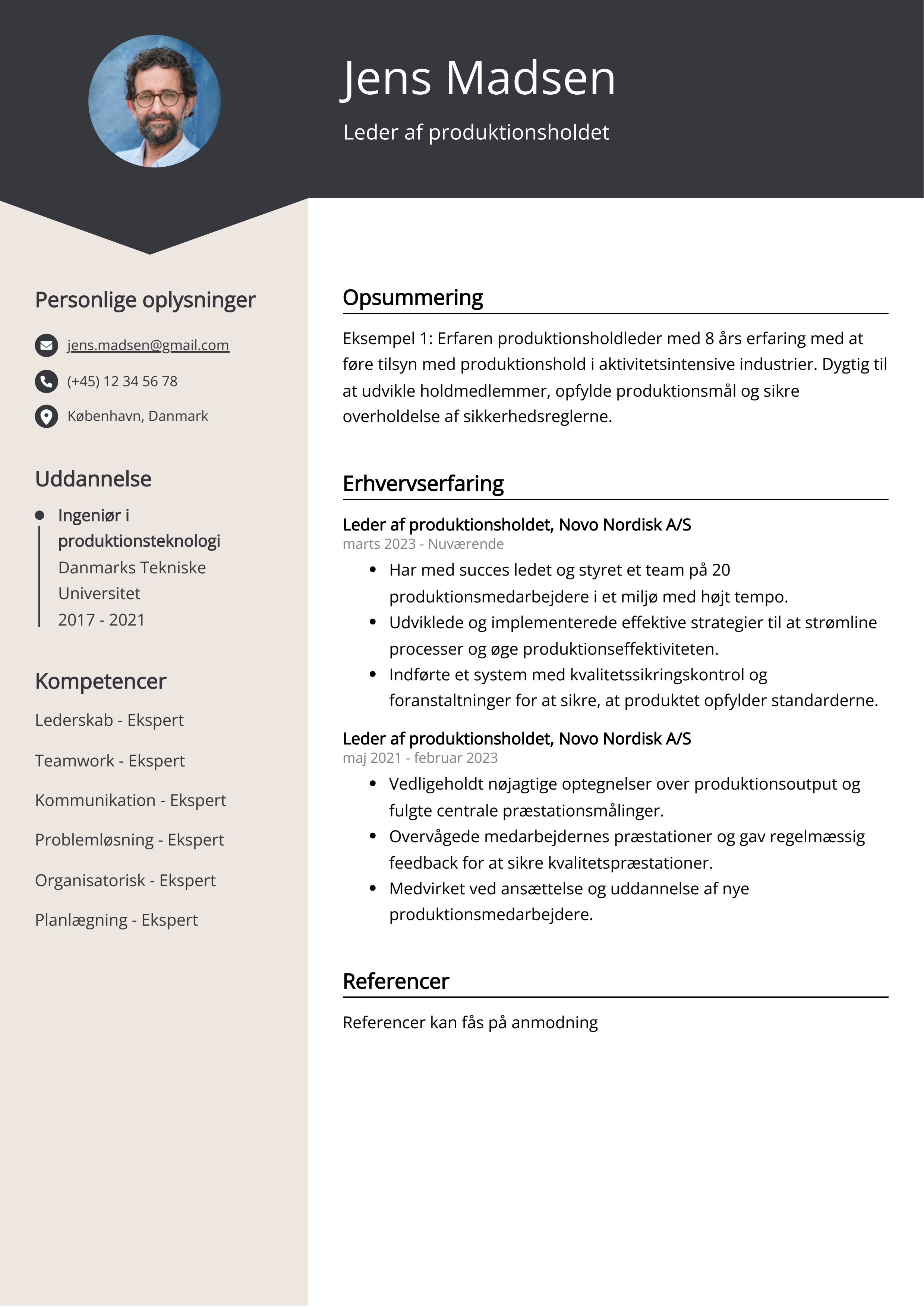 Leder af produktionsholdet CV Eksempel